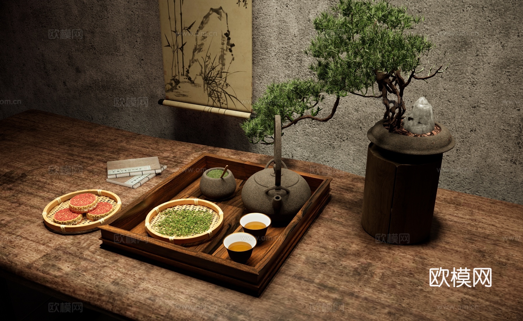 新中式茶室茶具 茶几摆件 茶壶 茶杯 茶叶茶罐 中式点心 月su模型
