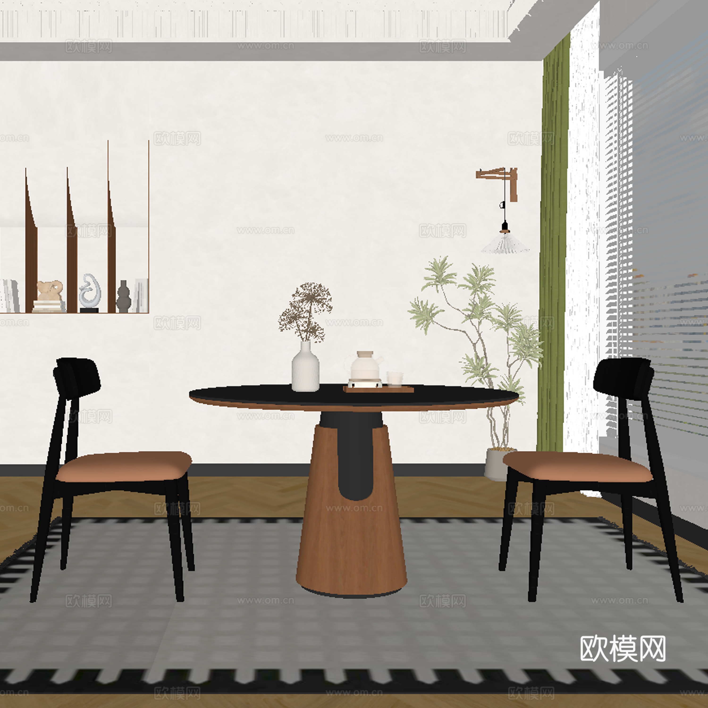 现代中古风餐厅 餐桌椅su模型