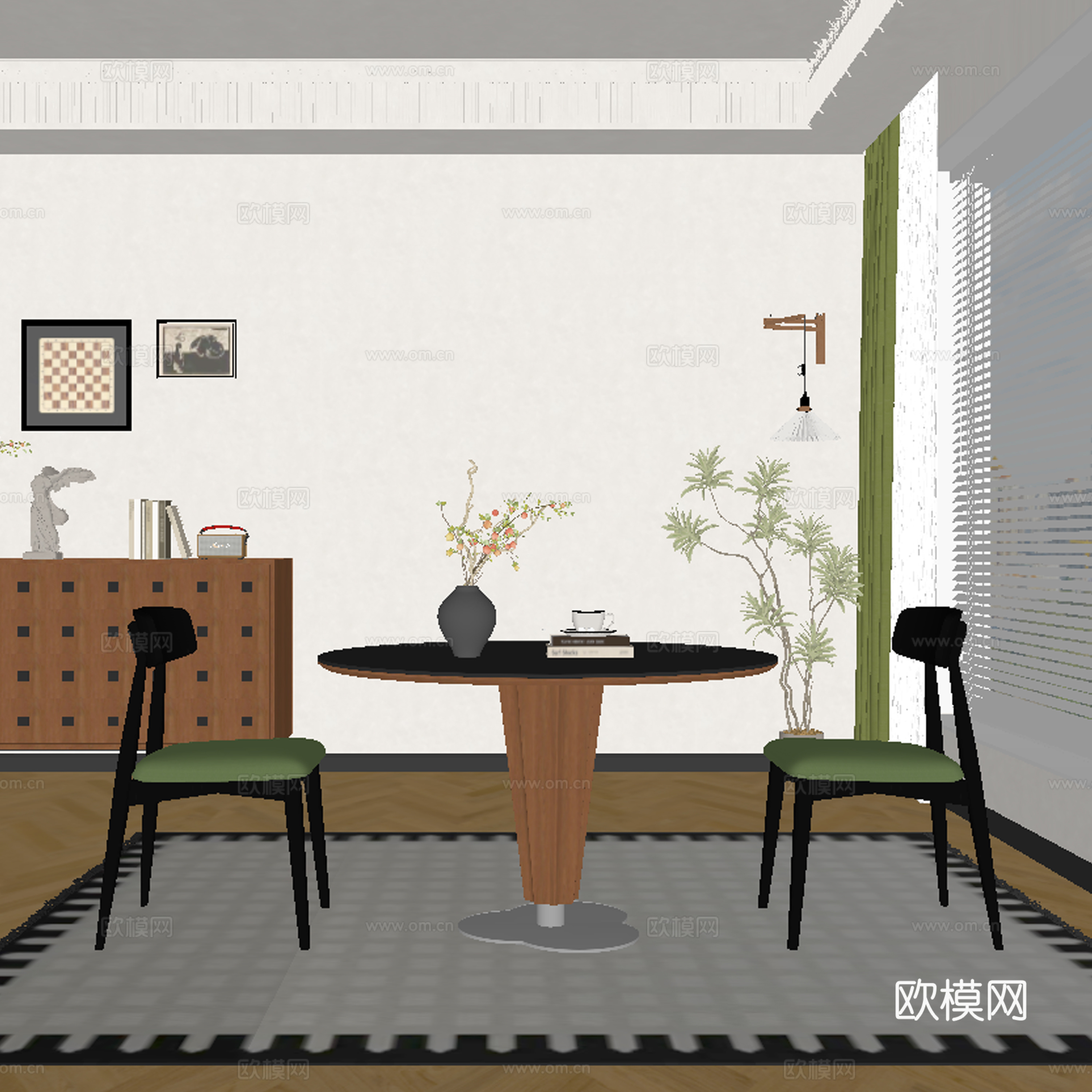 现代中古风餐厅 餐桌椅su模型