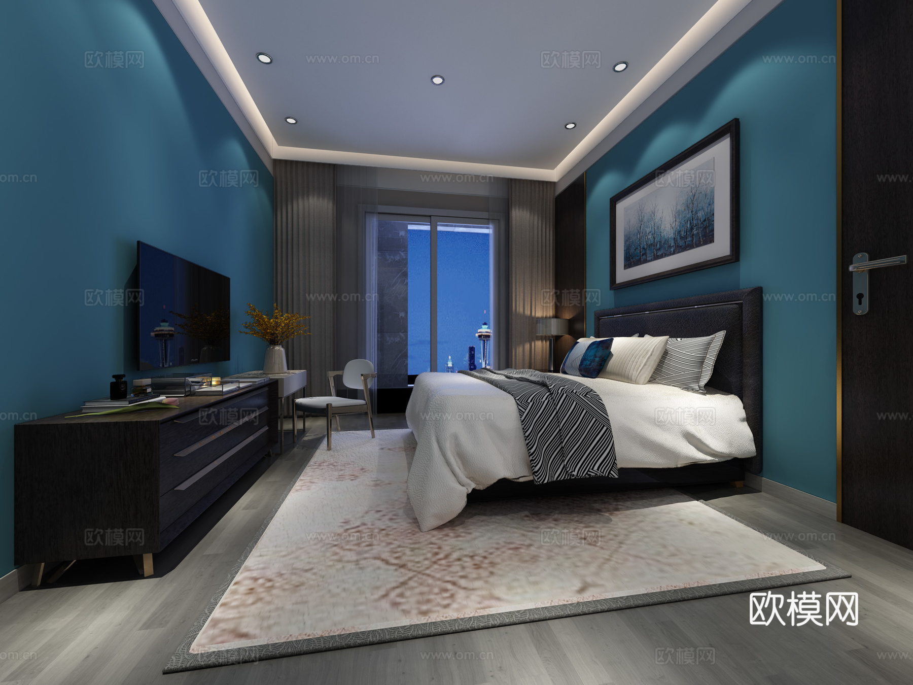 现代卧室 双人床 电视柜 摆件 挂画3d模型