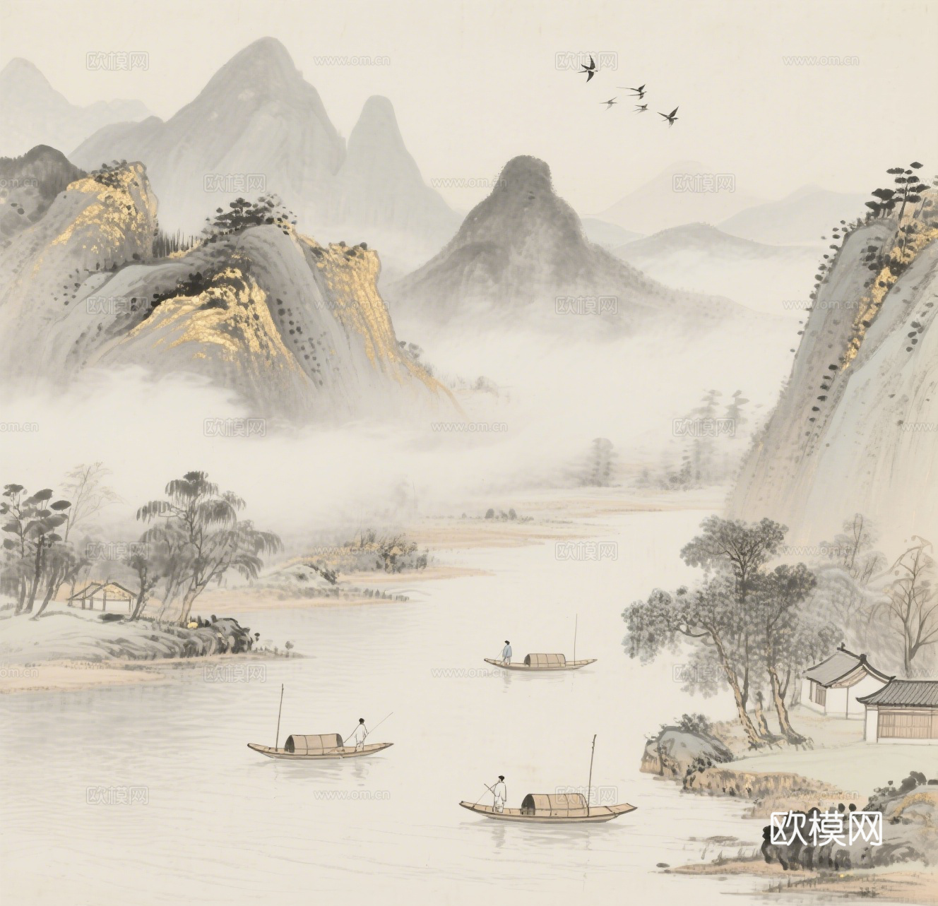 中古侘寂宋代美学山水国画 山峰云雾围绕水墨山水画