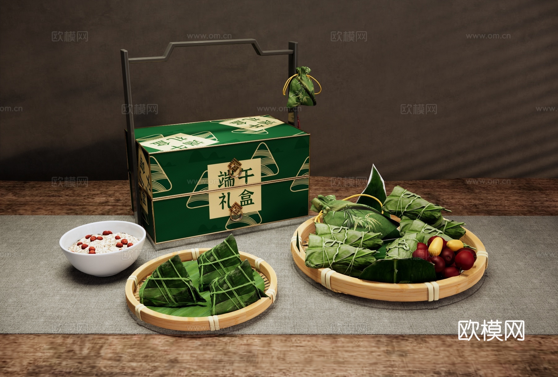 端午节礼盒 中式食盒 粽子 三角粽 中式糕点 竹叶竹簸箕su模型