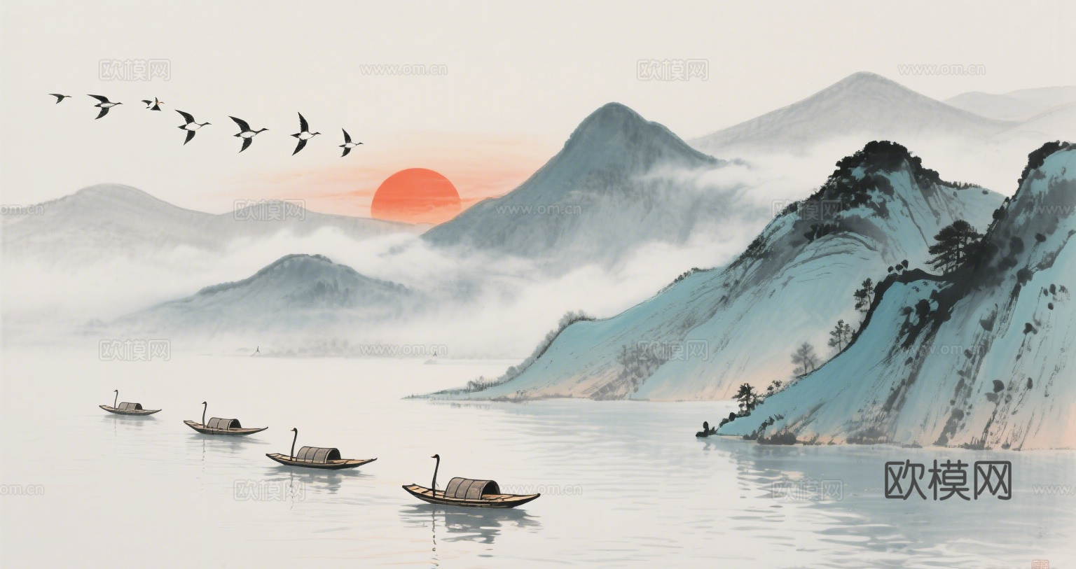 中古侘寂宋代美学山水国画 山峰云雾围绕水墨山水画
