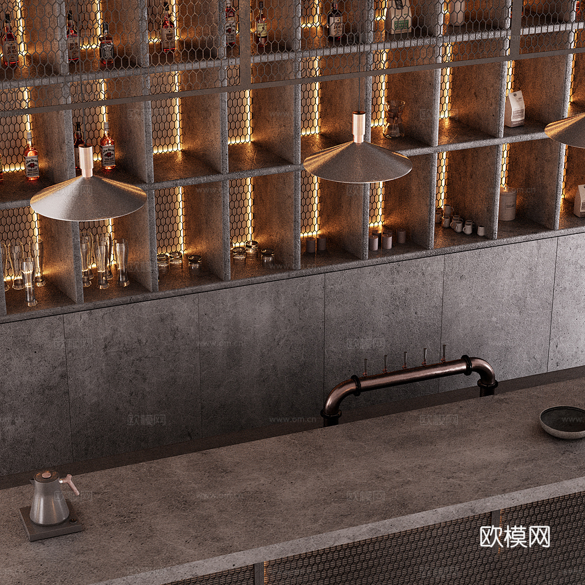 现代工业风酒吧吧台3d模型