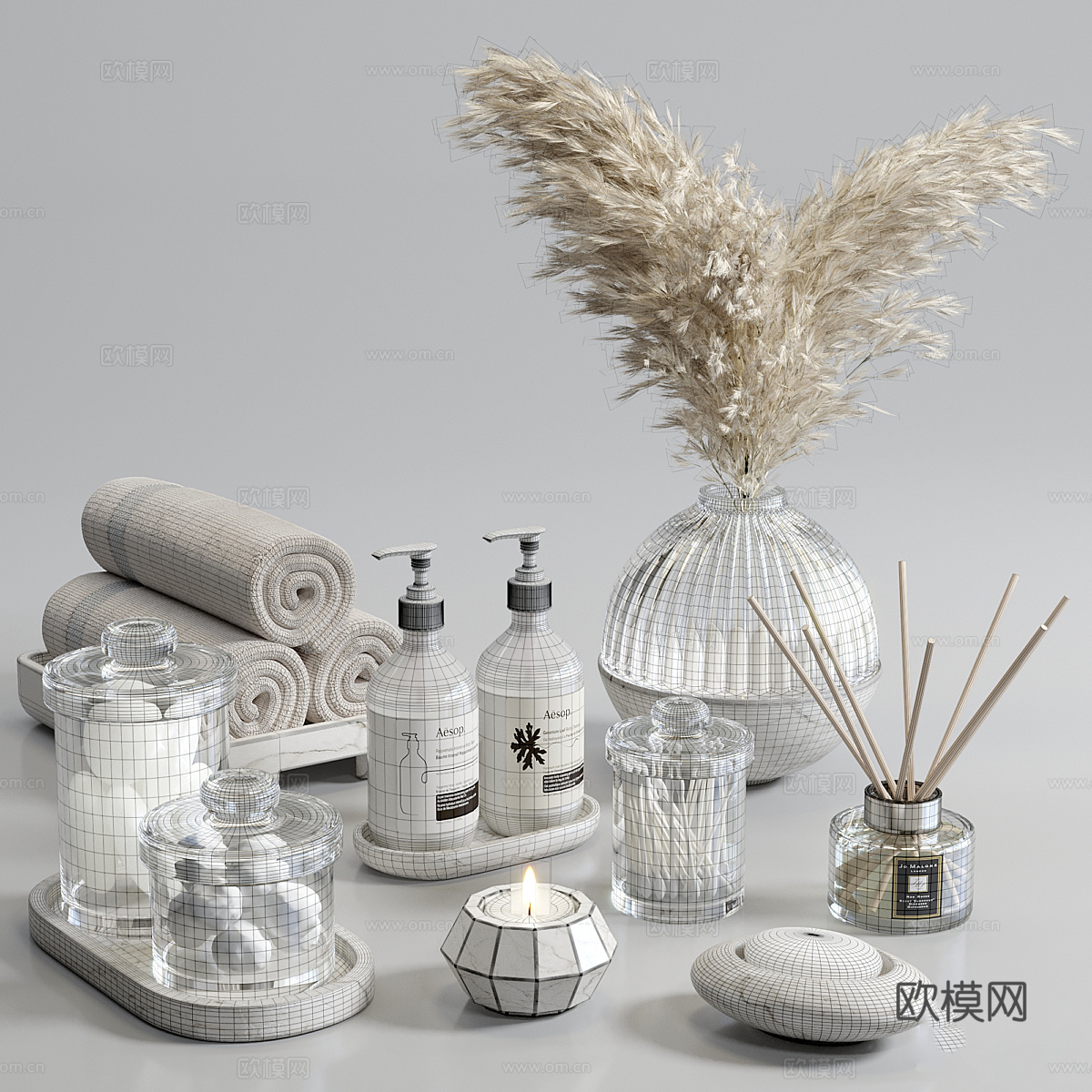 现代侘寂卫浴洗护用品套装3d模型