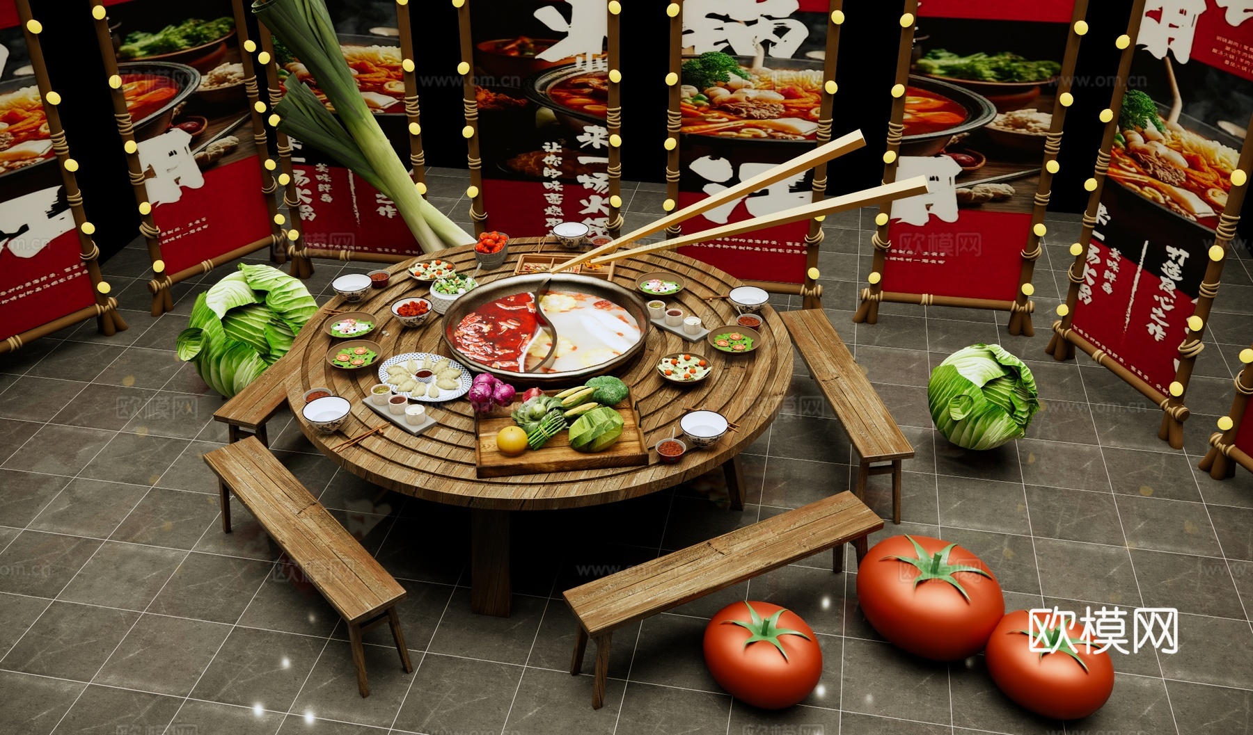 新中式火锅美食美陈 餐桌椅组合 火锅餐桌 鸳鸯锅 吃火锅su模型