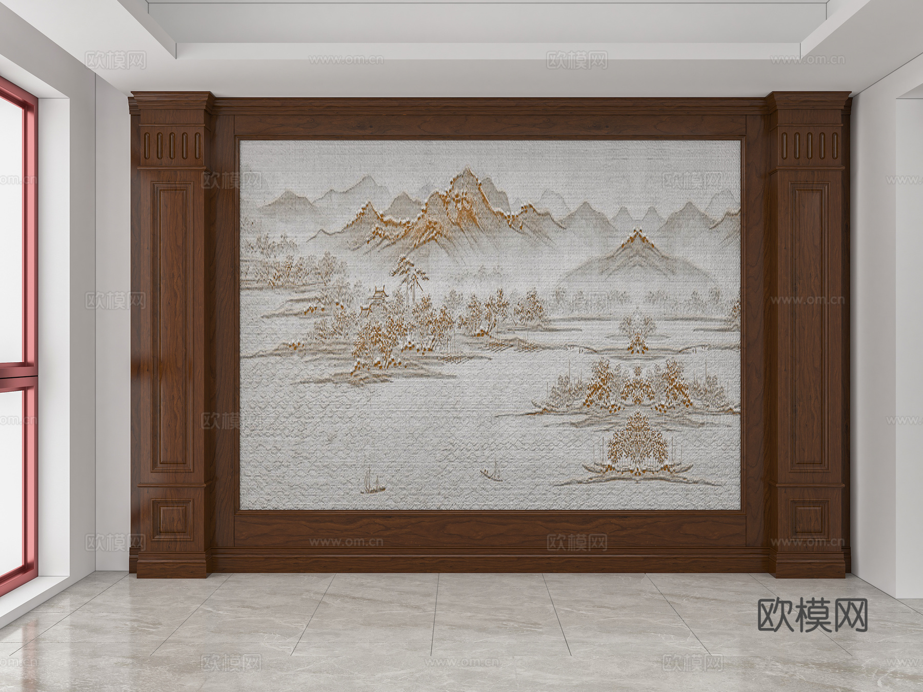 全屋定制 中式沙发背景墙 欧式背景墙 红樱桃实木3d模型