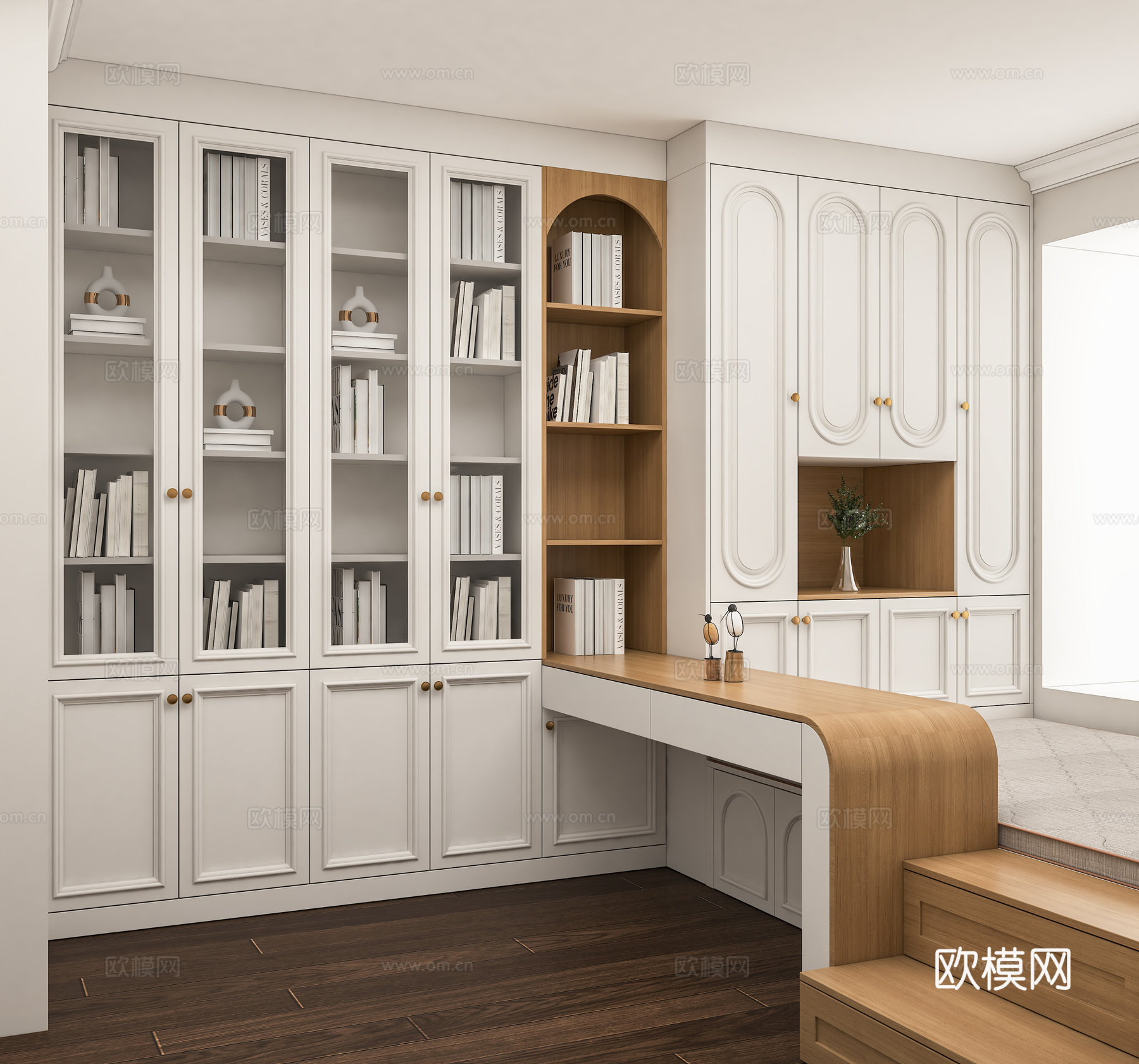 全屋定制 简欧榻榻米衣柜 书柜3d模型