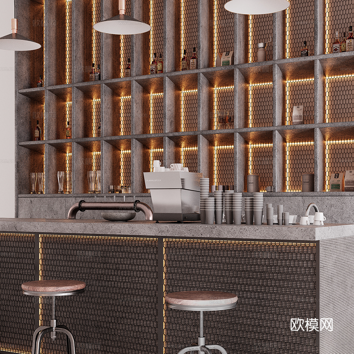 现代工业风酒吧吧台3d模型