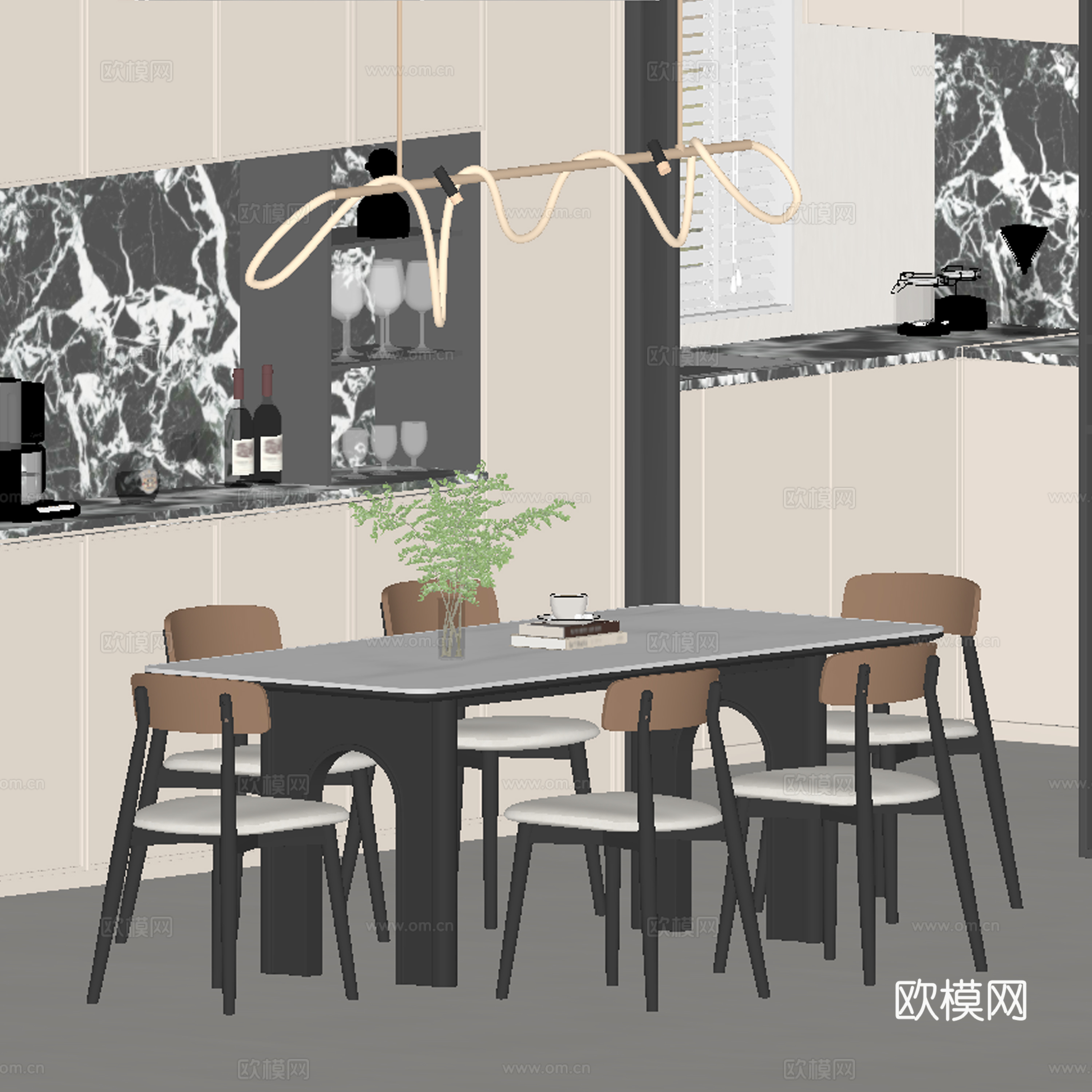 现代轻奢餐厅 餐桌椅su模型