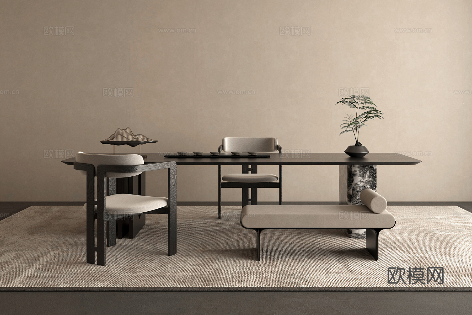 中式新中式茶桌茶台组合3d模型