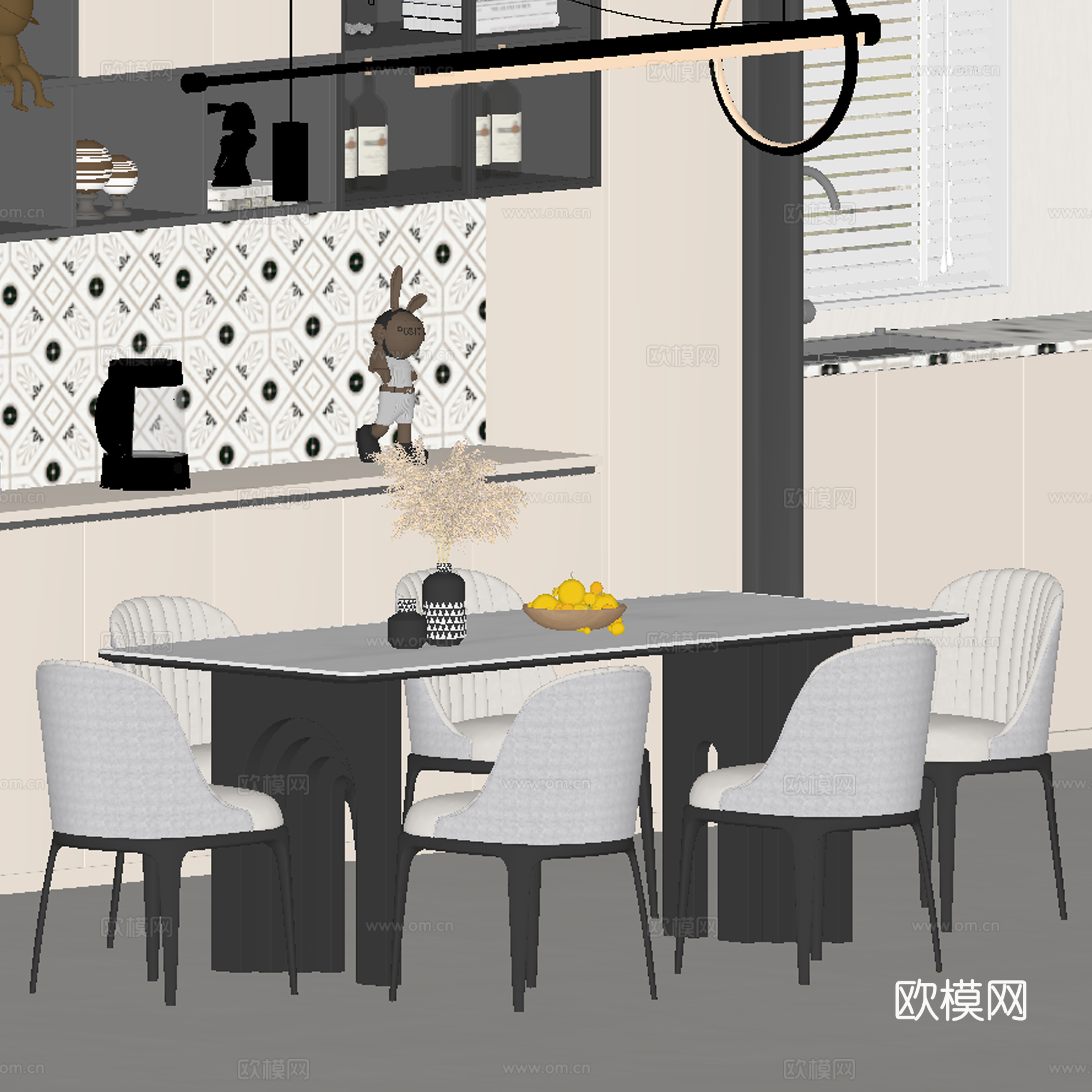 现代轻奢餐厅 餐桌椅su模型