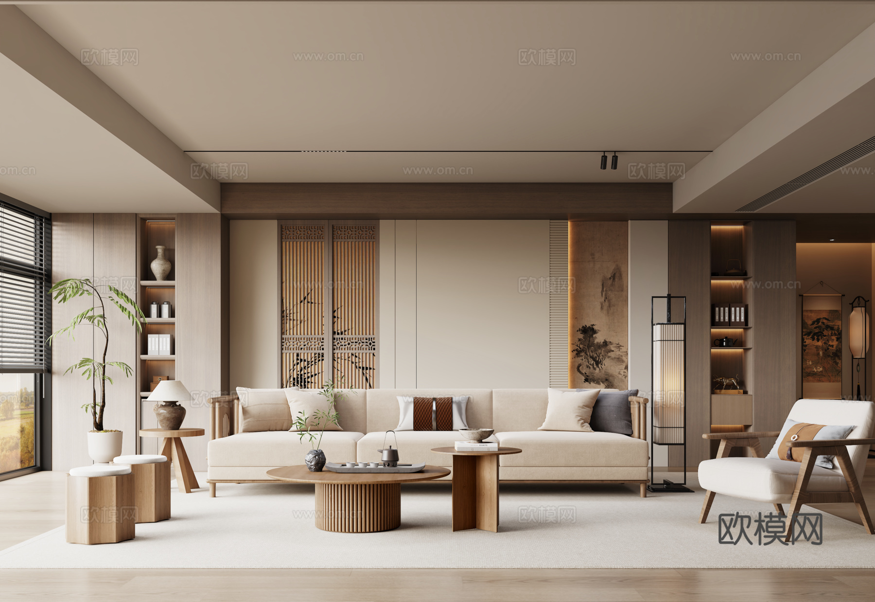 宋式客厅 沙发背景墙 沙发茶几组合 装饰画 落地灯3d模型