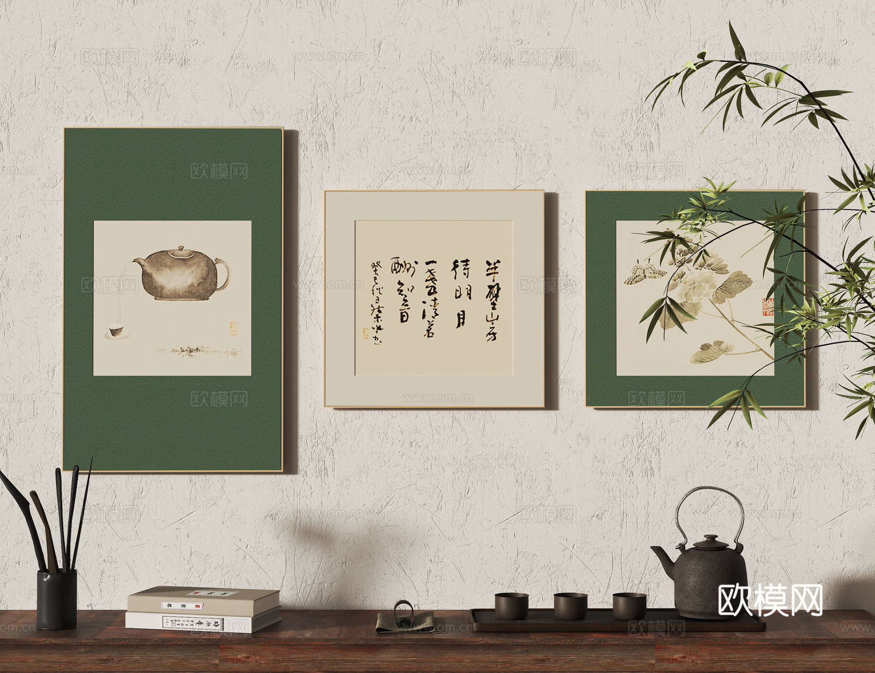 中式茶具装饰画组合su模型