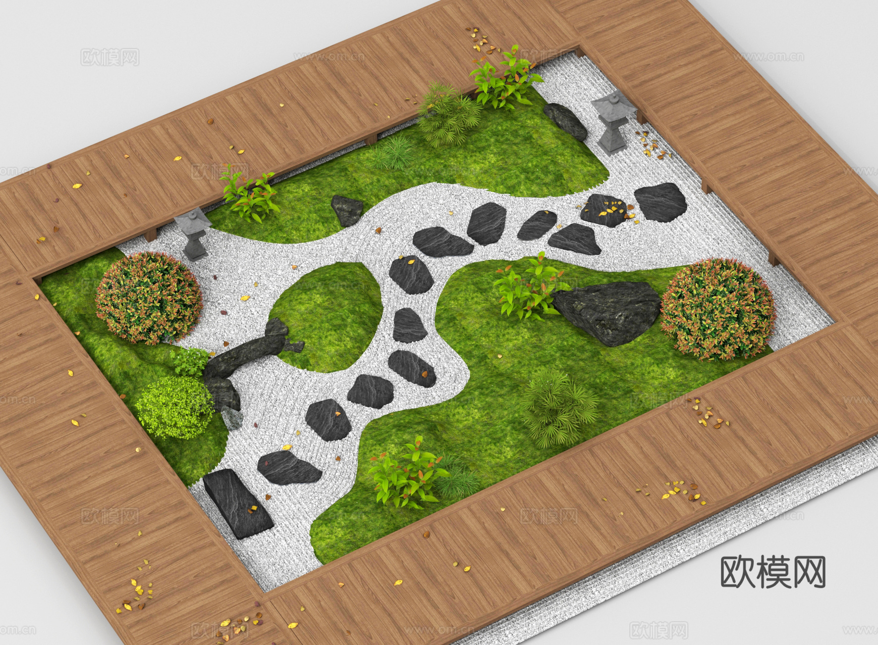 日式禅意庭院小品 景观造景 微地形 汀步 枯山水 植物组合3d模型