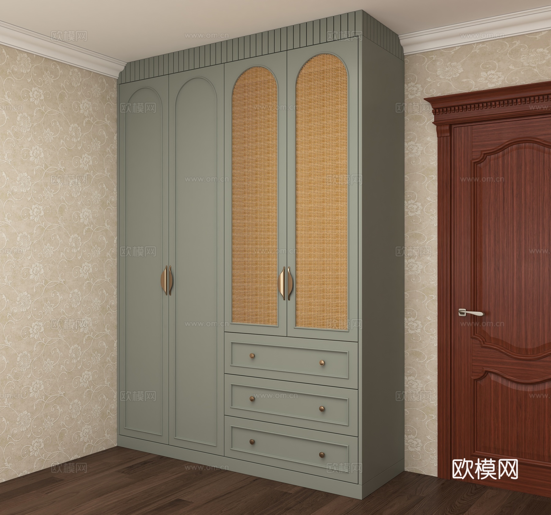 全屋定制 法式卧室衣柜 藤编柜门3d模型