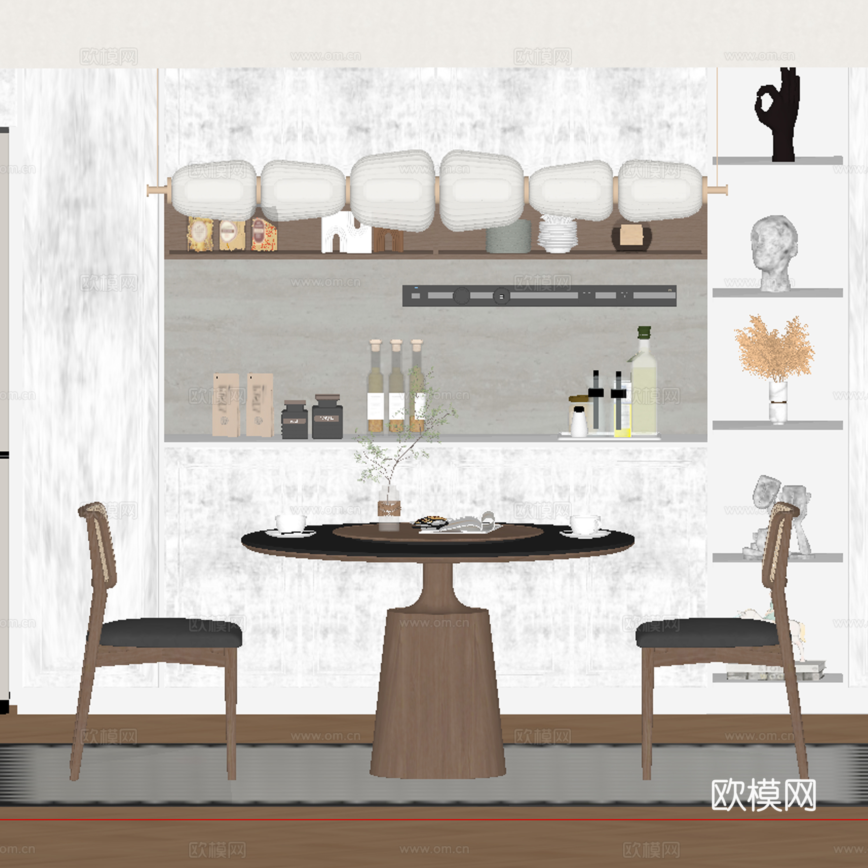 现代中古风餐厅餐桌椅su模型