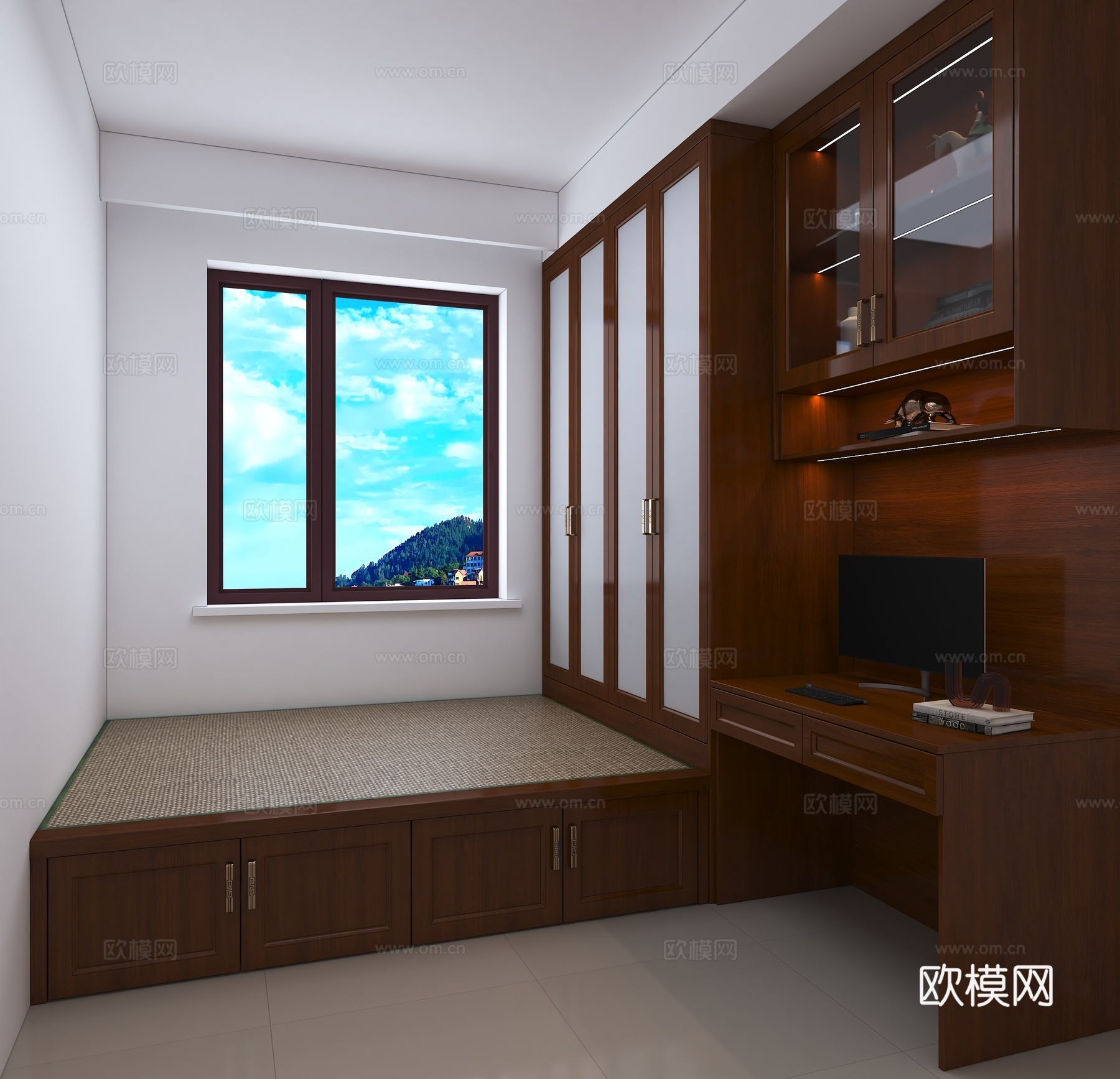 全屋定制 新中式榻榻米 衣柜 学习桌 实木3d模型