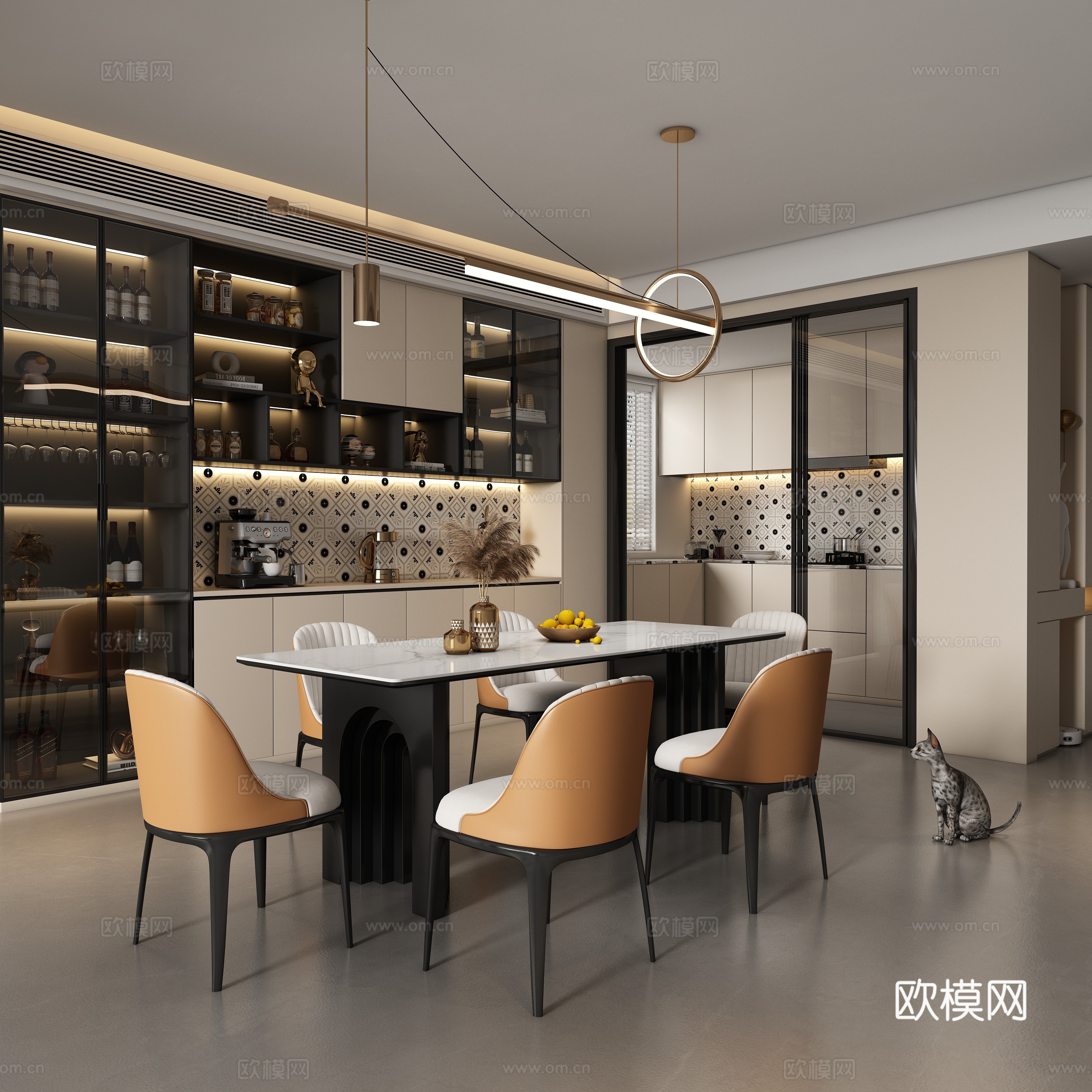 现代轻奢餐厅 餐桌椅su模型
