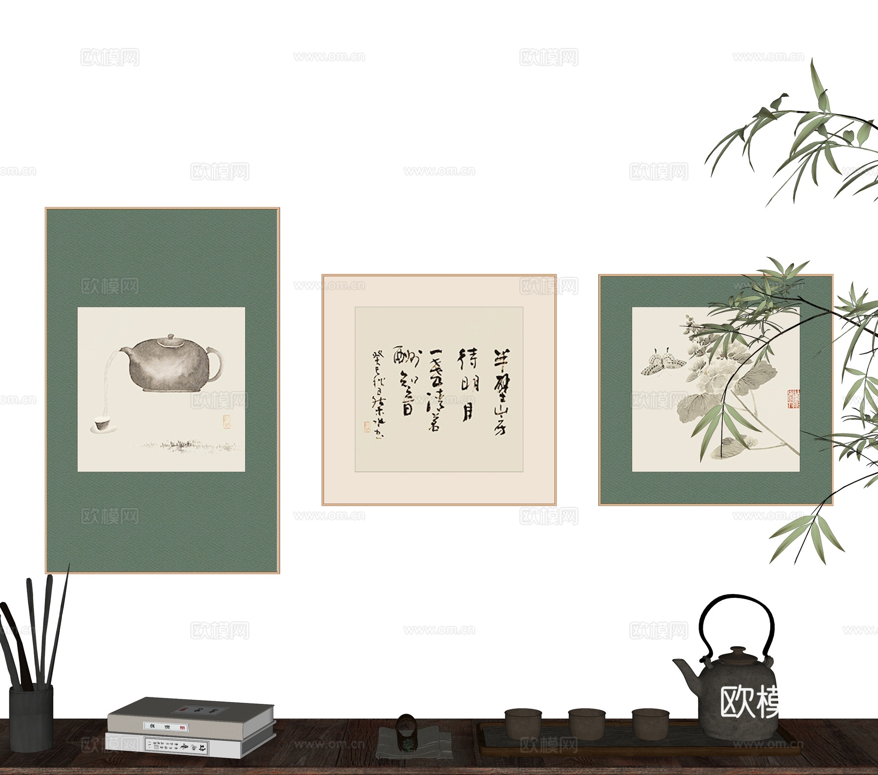 中式茶具装饰画组合su模型