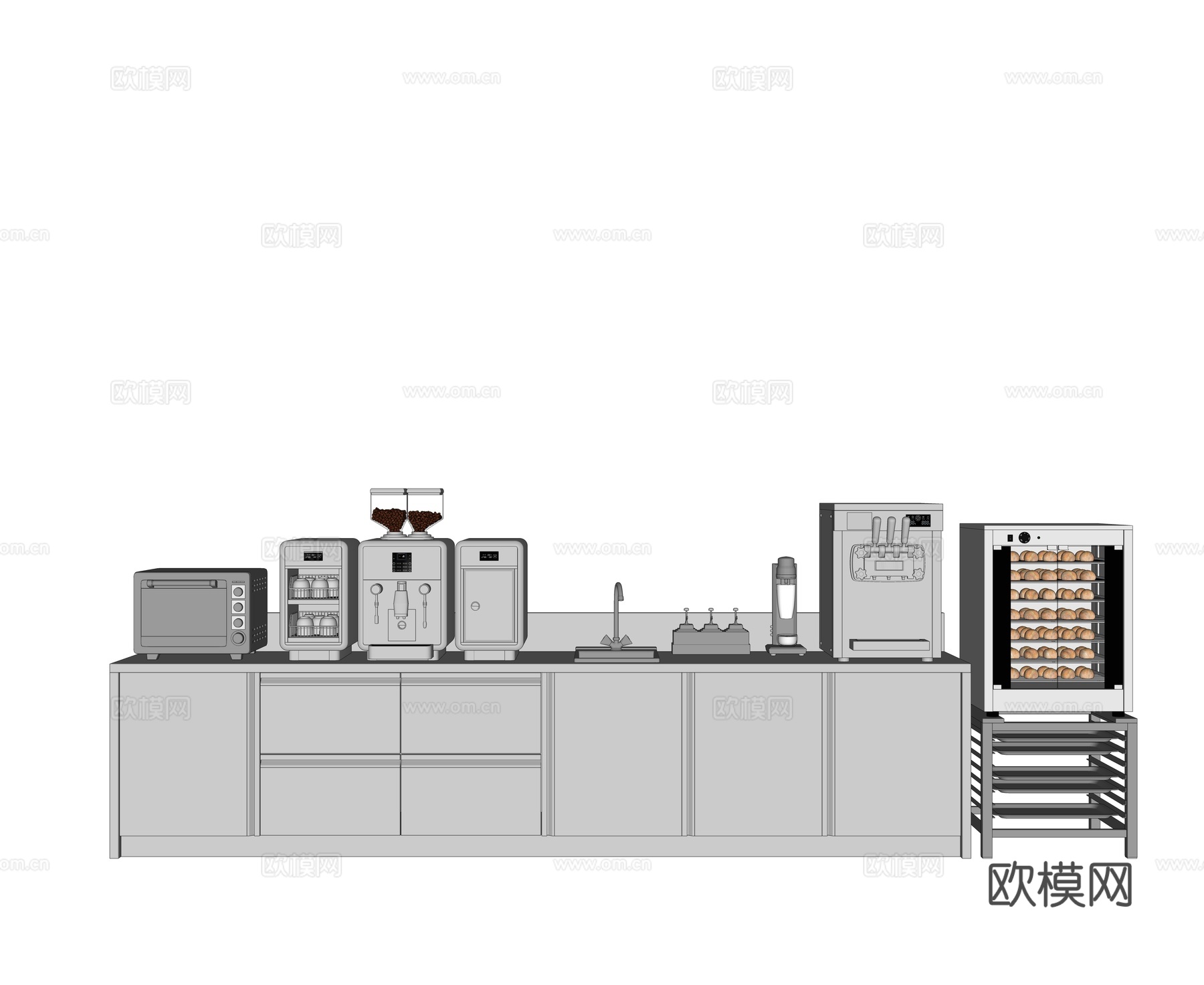现代餐饮厨房 不锈钢橱柜 咖啡机 消毒柜 微波炉 烘烤机 饮su模型