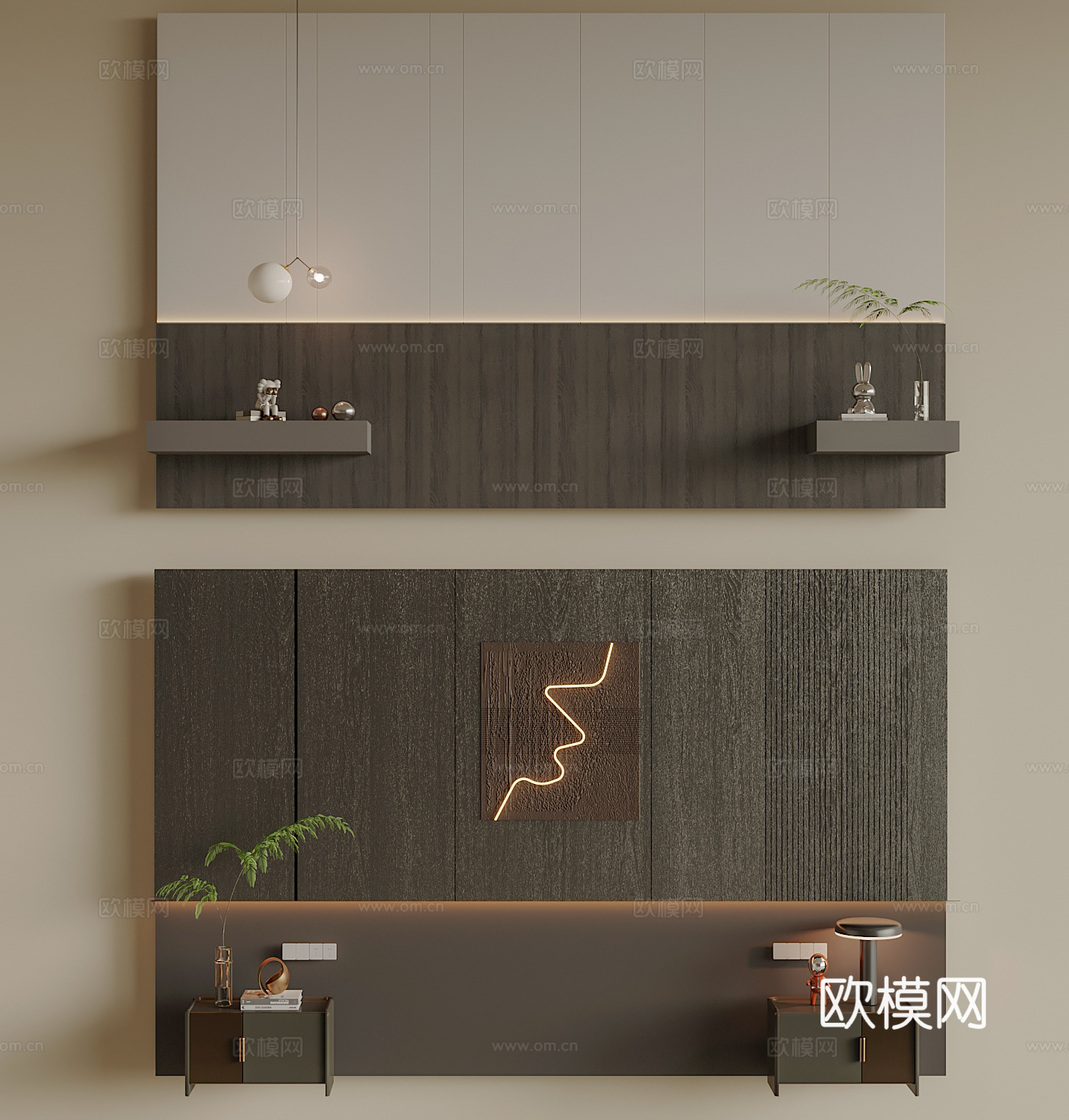 意式床头背景墙 床头柜 墙板背景墙su模型