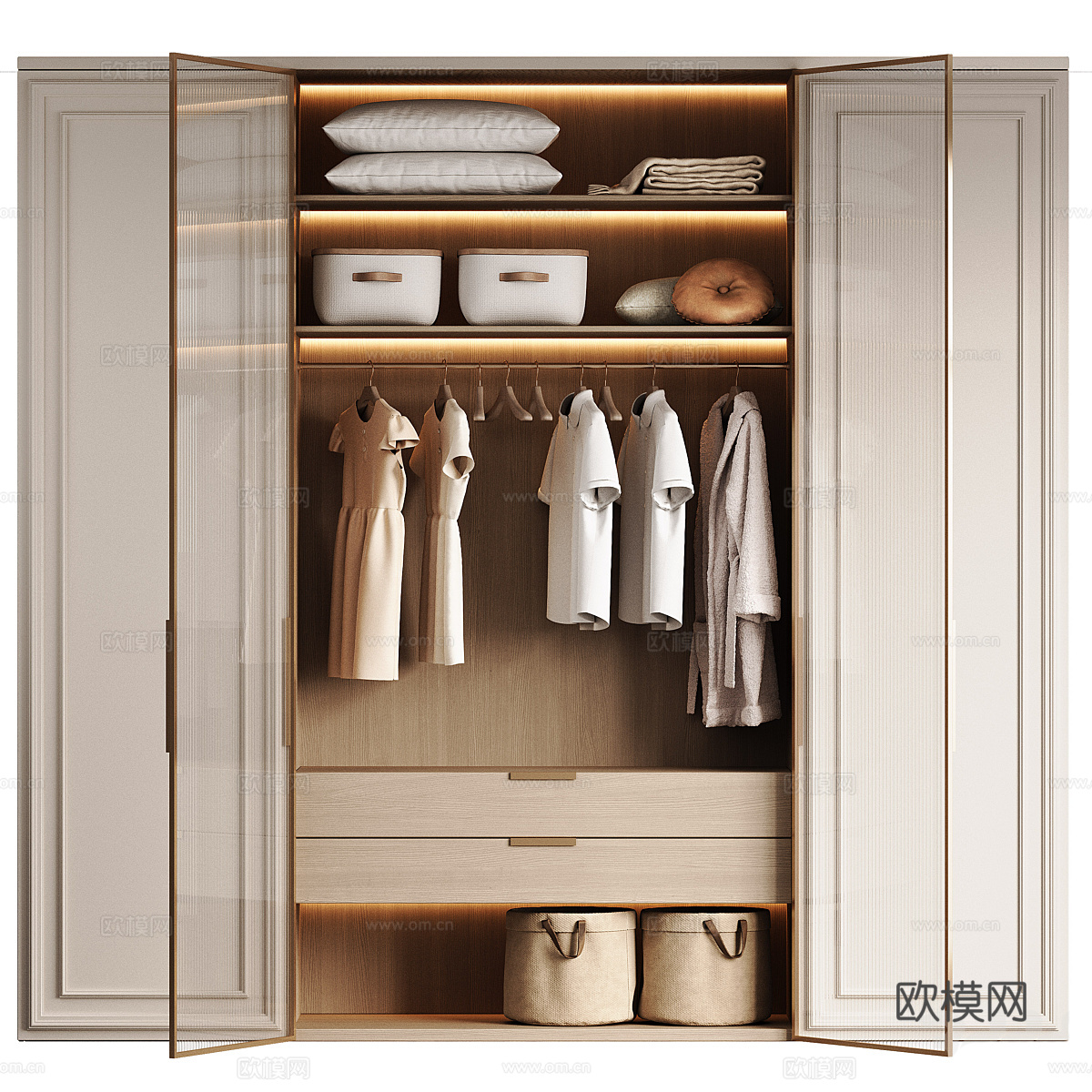 现代轻奢开门衣柜 玻璃衣柜3d模型下载（渲染图2）