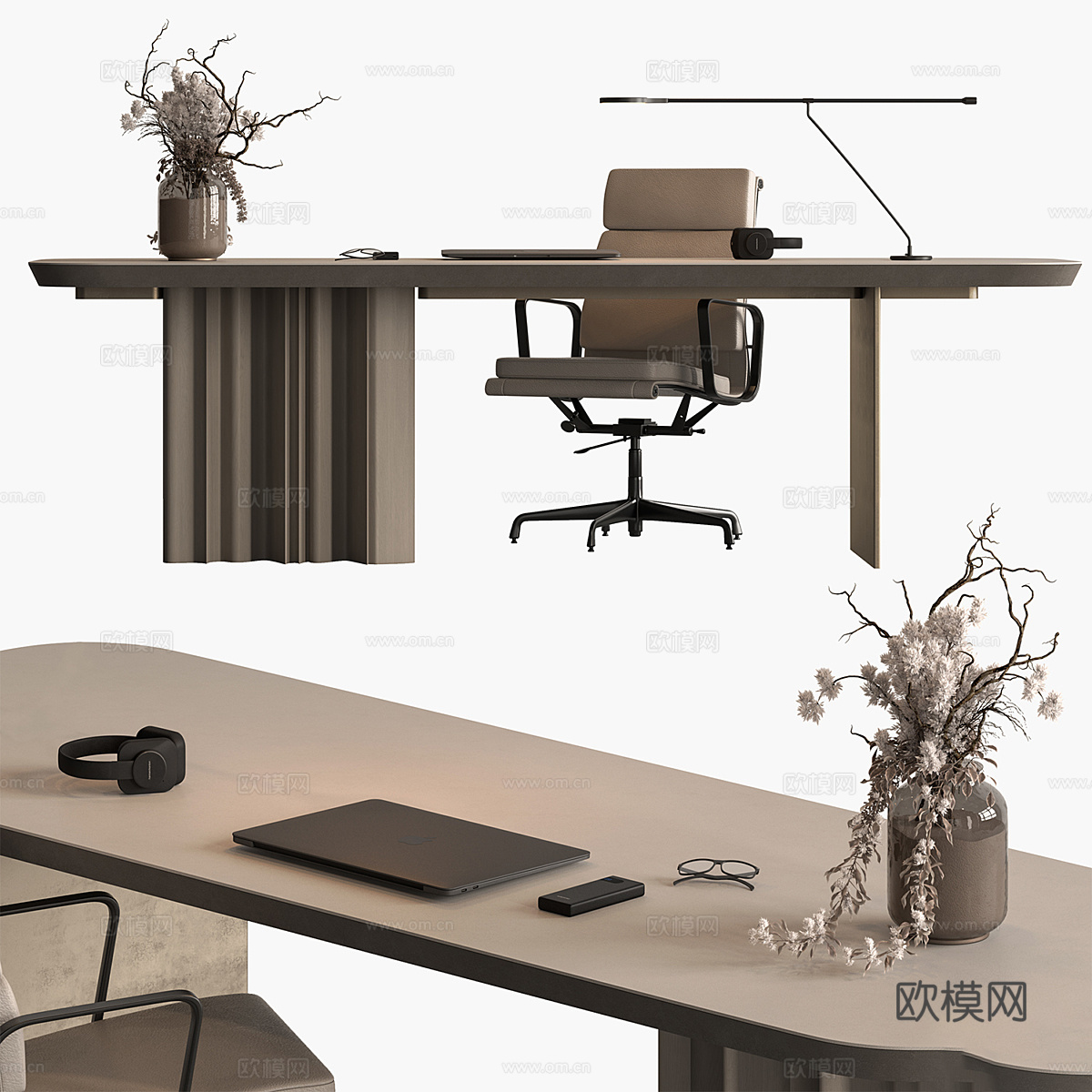 现代意式轻奢书桌椅 办公桌椅3d模型