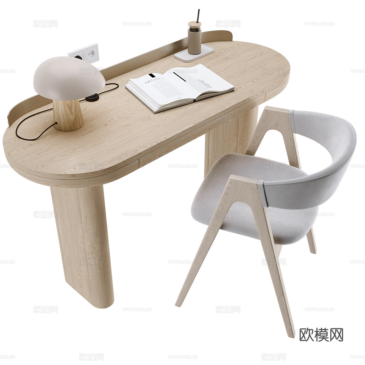 现代意式原木书桌椅3d模型
