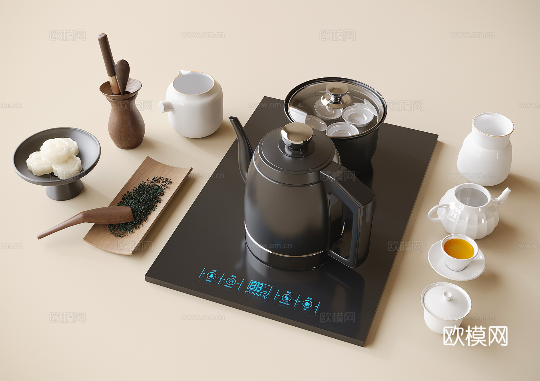 现代茶具摆件 茶壶 茶杯su模型下载（渲染图2）