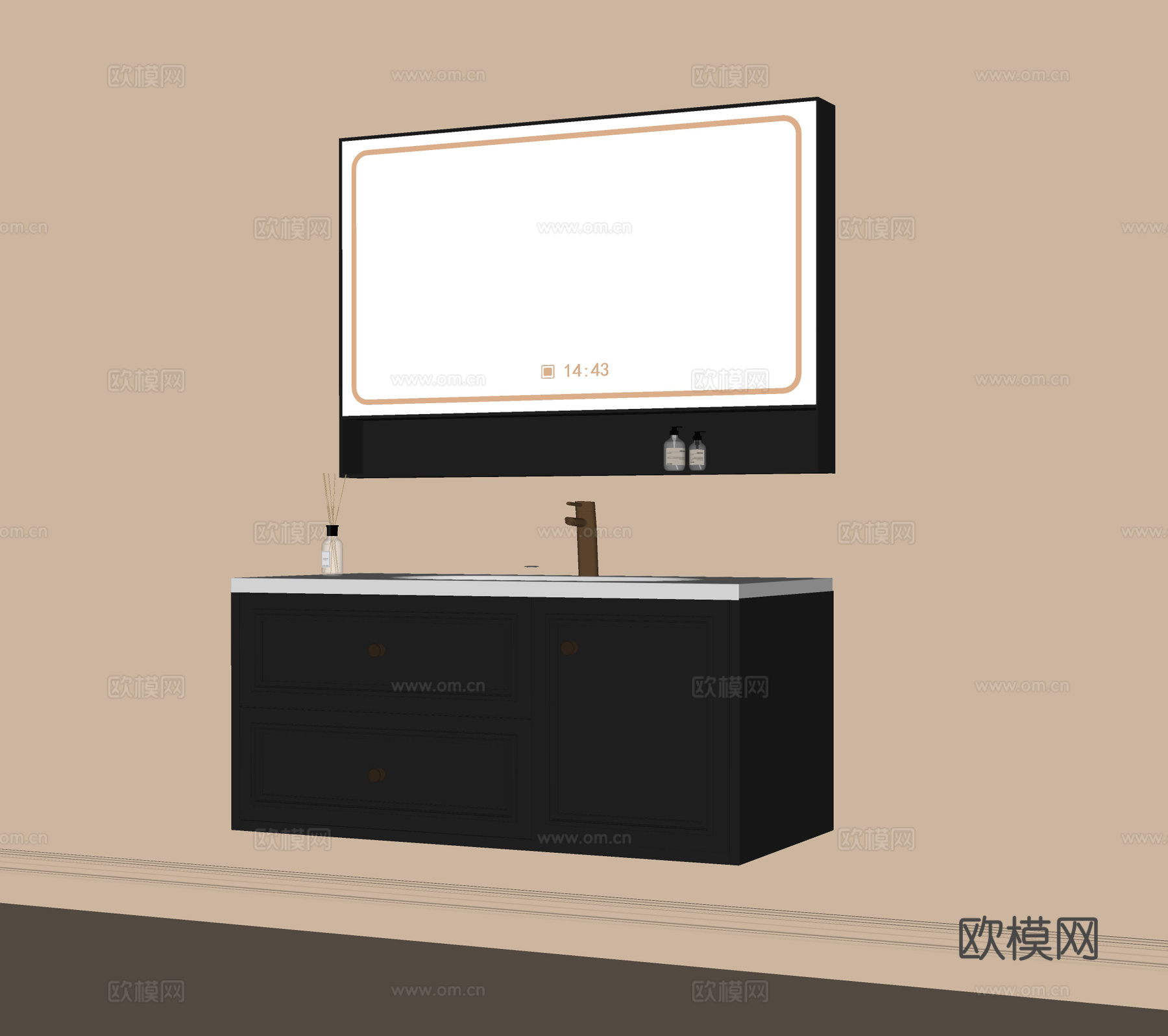 法式洗手台 悬空浴室柜 卫浴柜 镜柜su模型下载（渲染图1）