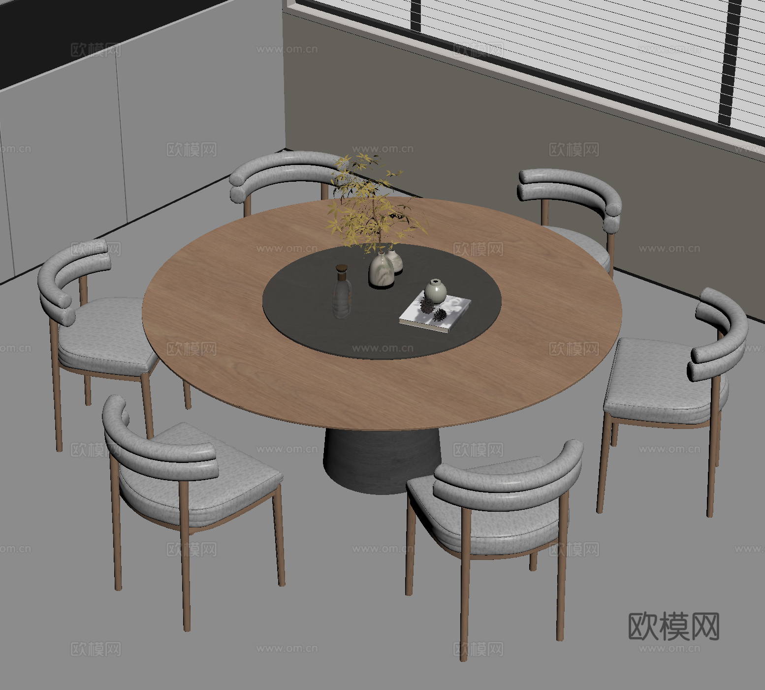 现代餐桌椅组合 实木圆形餐桌su模型