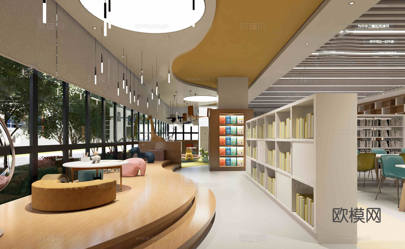 现代图书馆 书店 休闲书吧 图书阅览室 休闲桌椅su模型