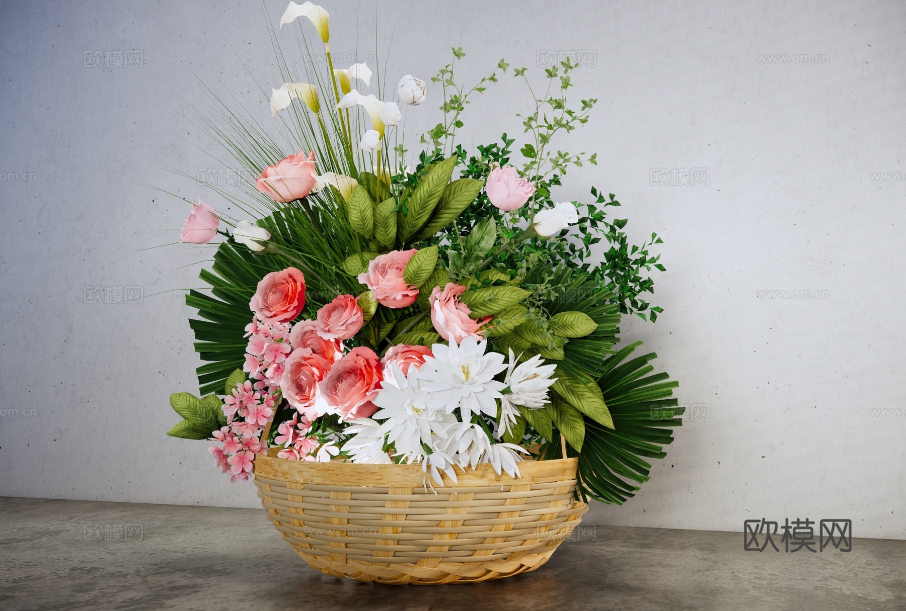 侘寂花篮摆件 插花花艺组合 装饰品摆件 竹编花篮su模型