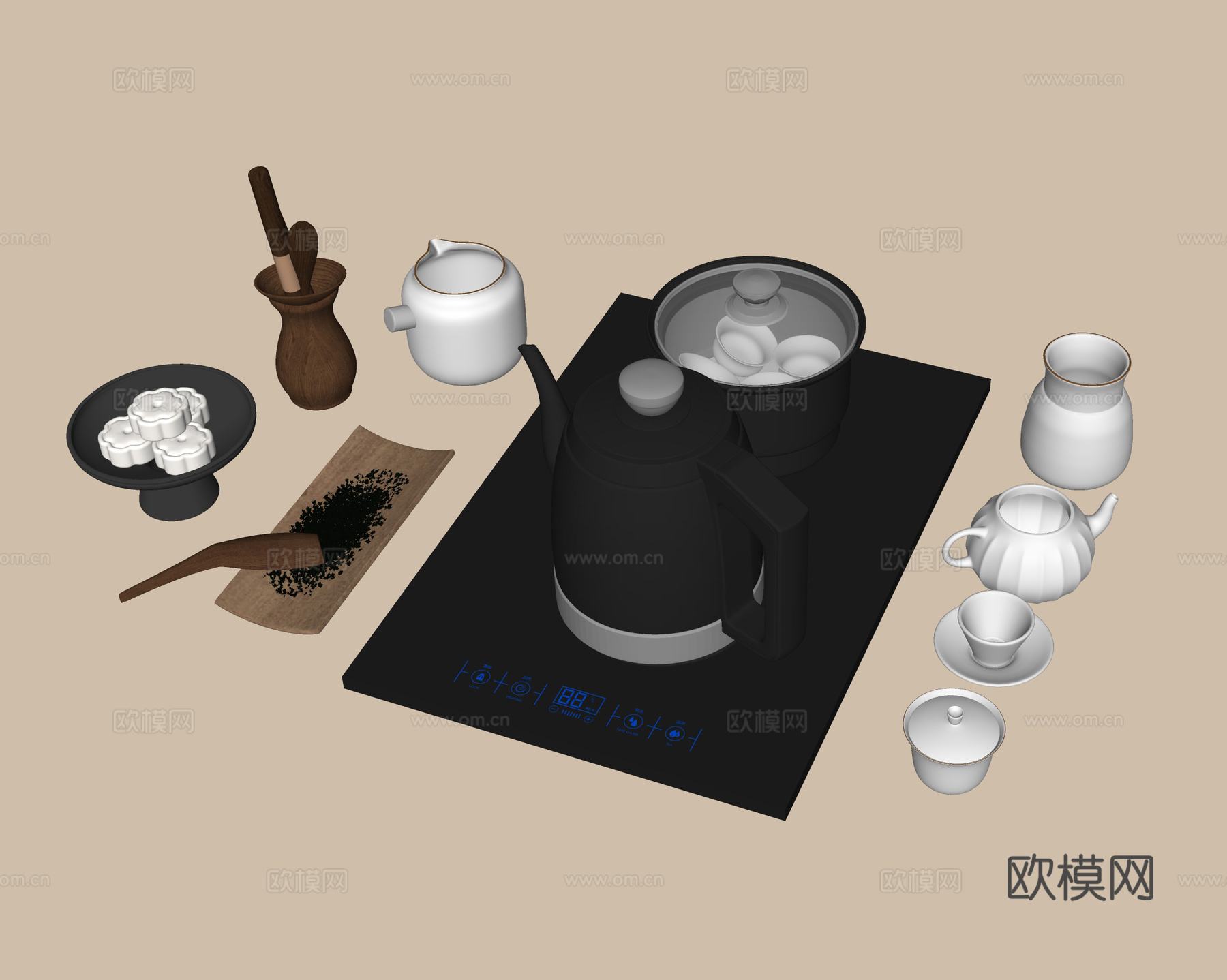 现代茶具摆件 茶壶 茶杯su模型下载（渲染图1）