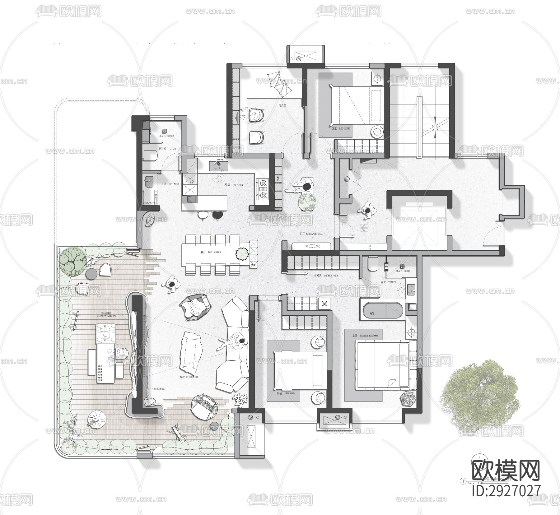 175平户型设计CAD施工图下载（渲染图1）