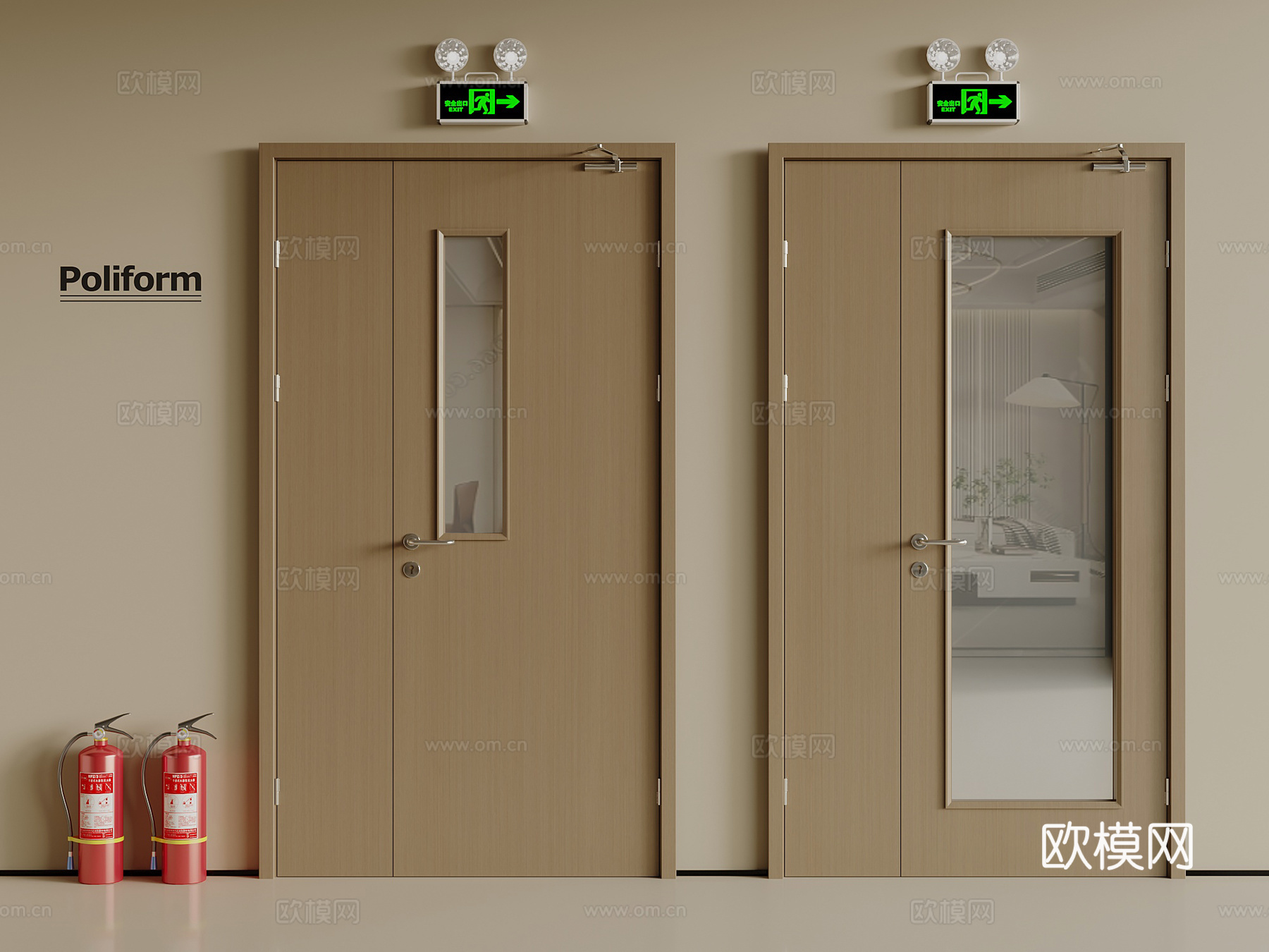 现代防火门 消防门 安全出口应急灯 灭火器3d模型