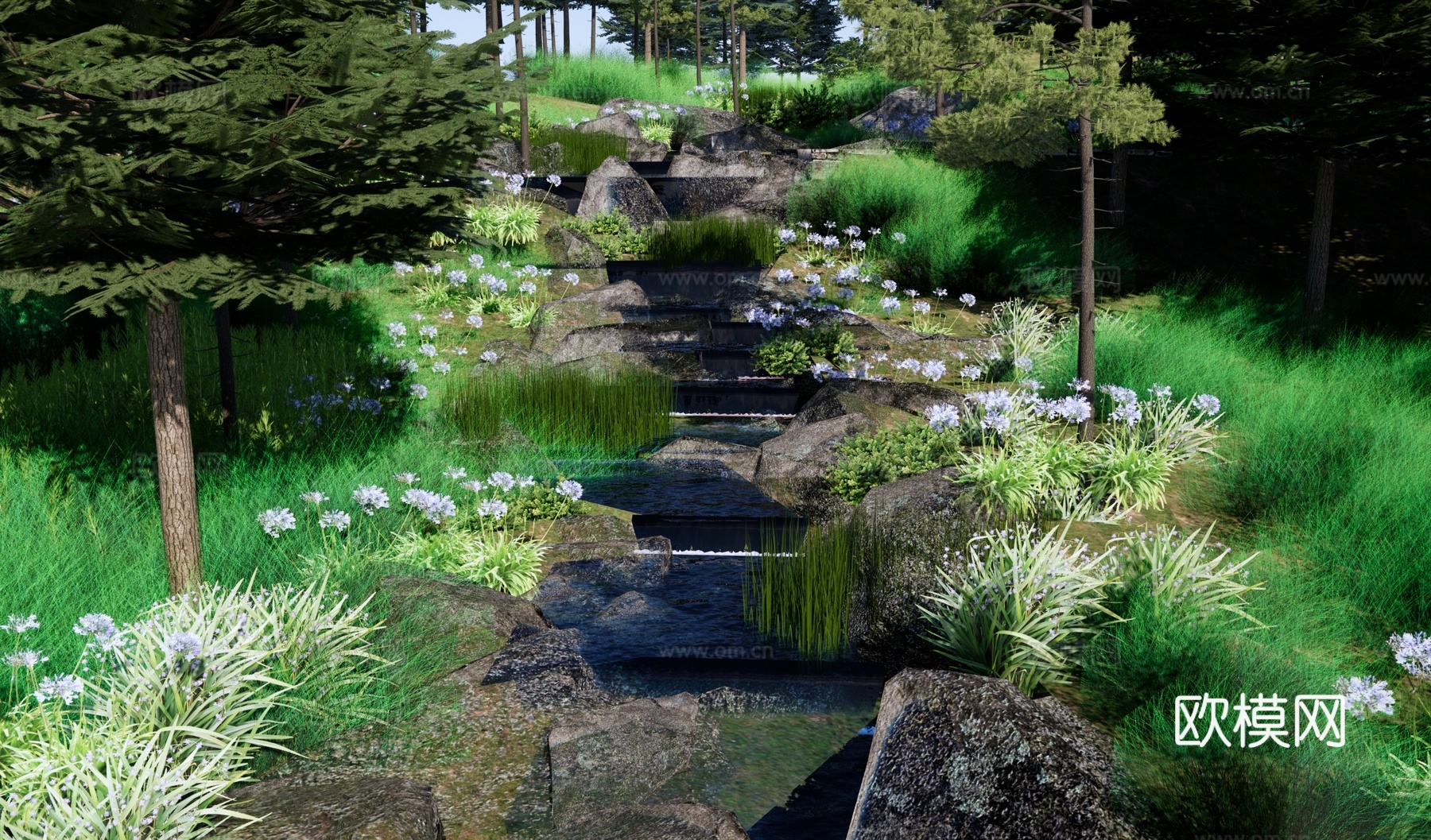 现代景观公园 山地森林公园景观 山谷溪流跌水叠水湿地滩涂su模型