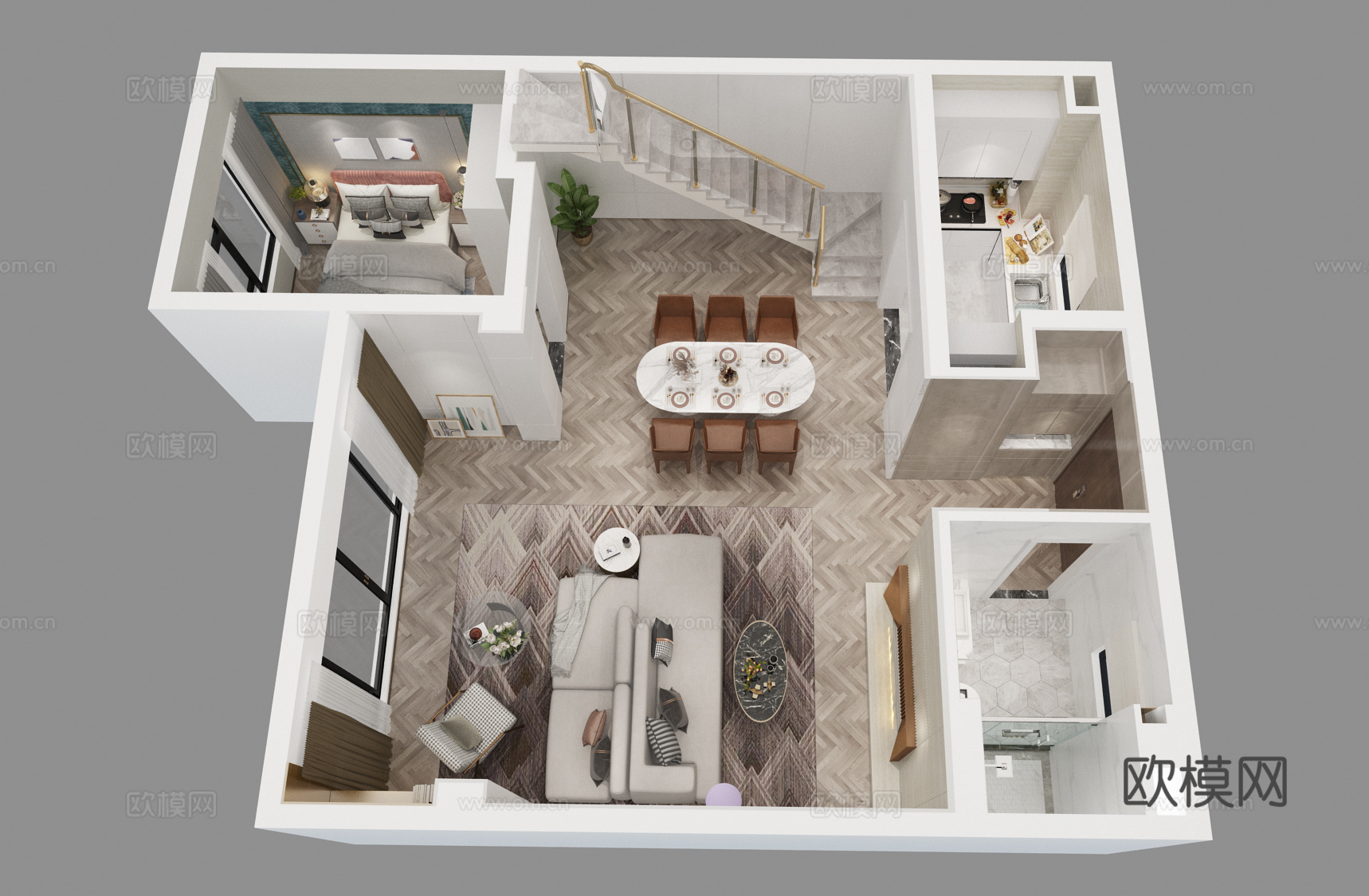 现代家装样板间鸟瞰图3d模型
