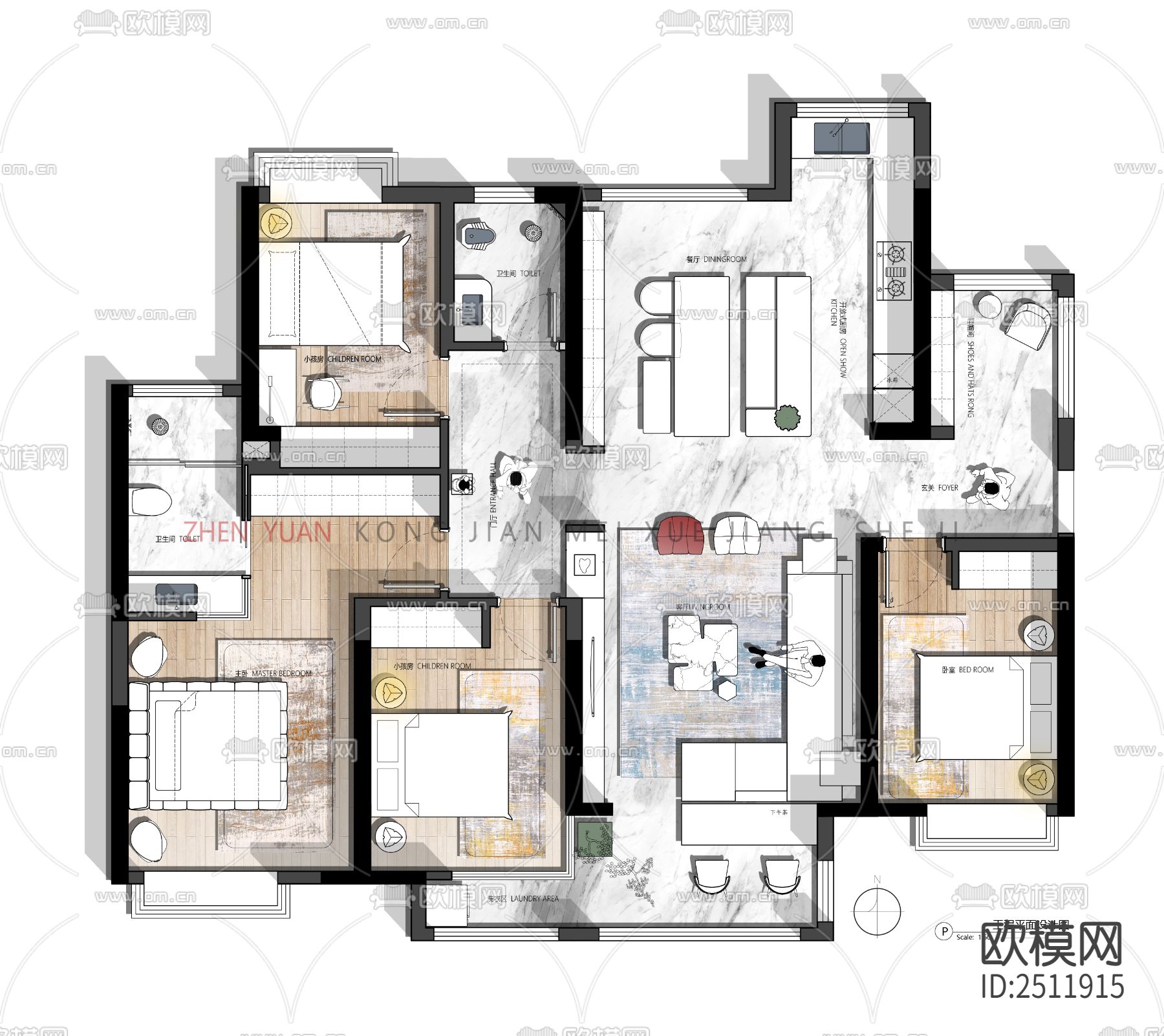 现代143平户型设计cad施工图下载（渲染图1）