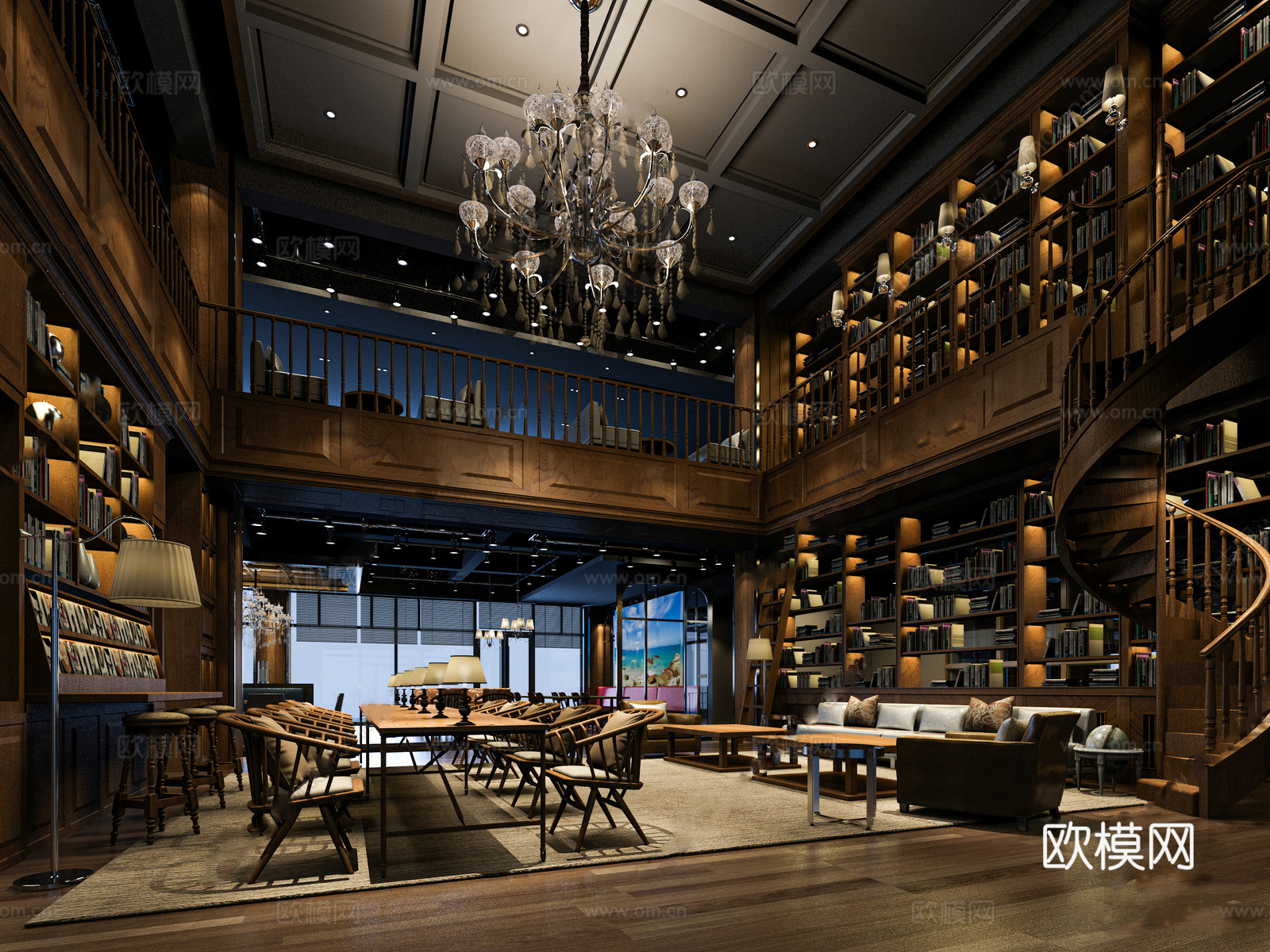 欧式图书馆 书店 休闲书吧 图书阅览室 休闲桌椅su模型