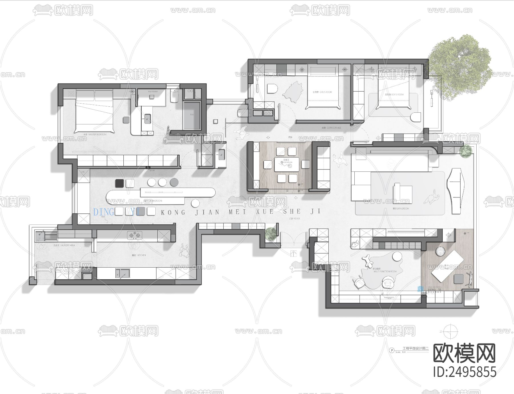 200平平面设计cad施工图下载（渲染图2）