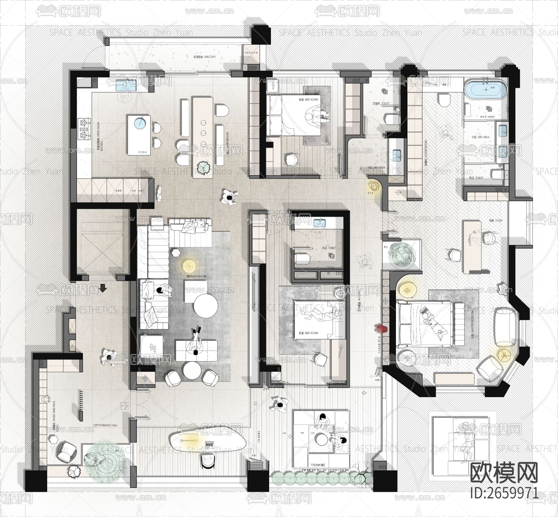 280平大平层平面CAD施工图下载（渲染图1）