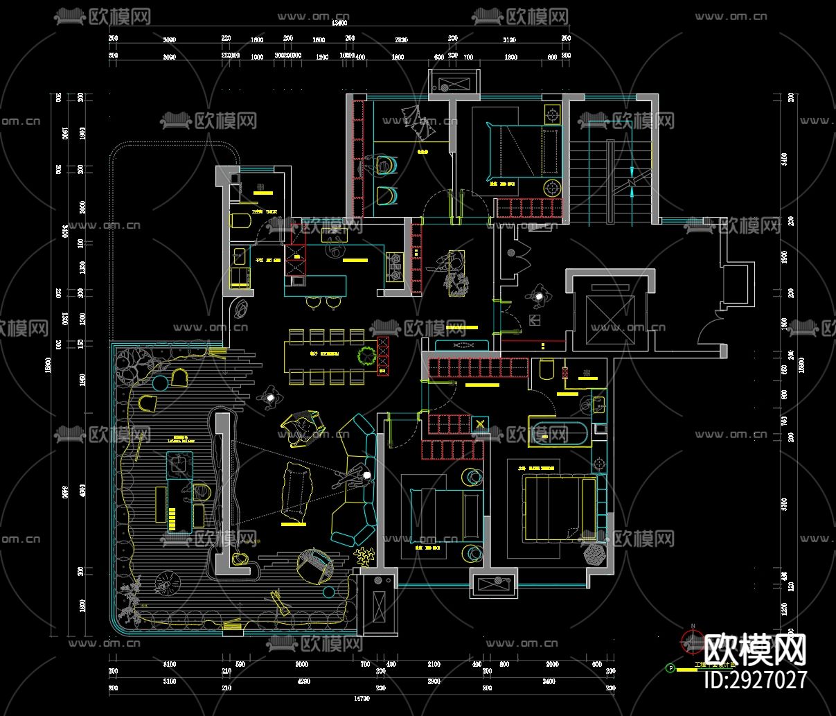 175平户型设计CAD施工图下载（渲染图2）