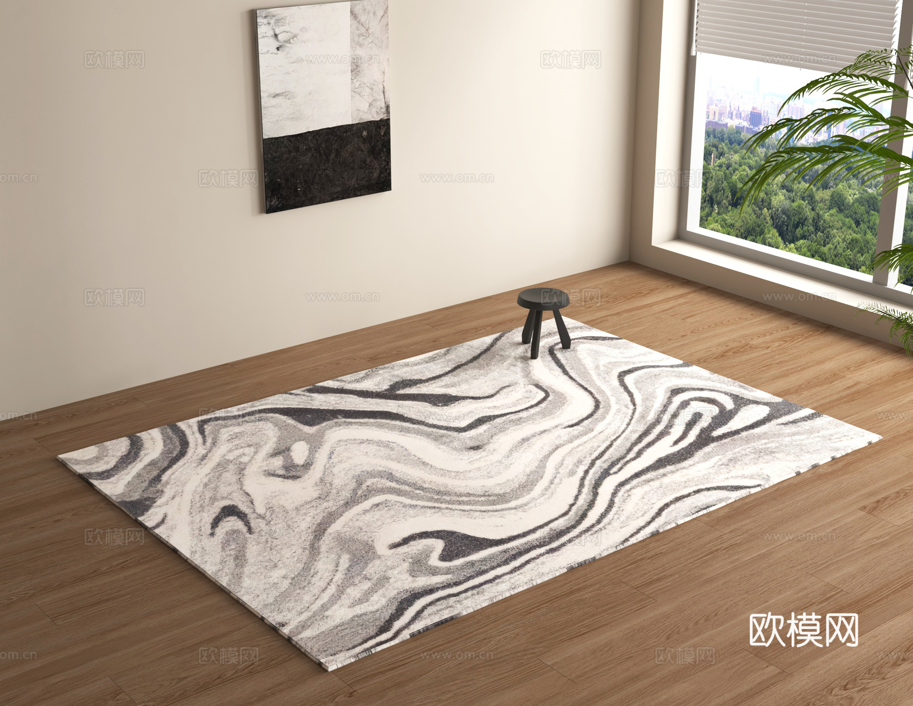 意式地毯 黑白地毯 布艺地毯 方形地毯3d模型