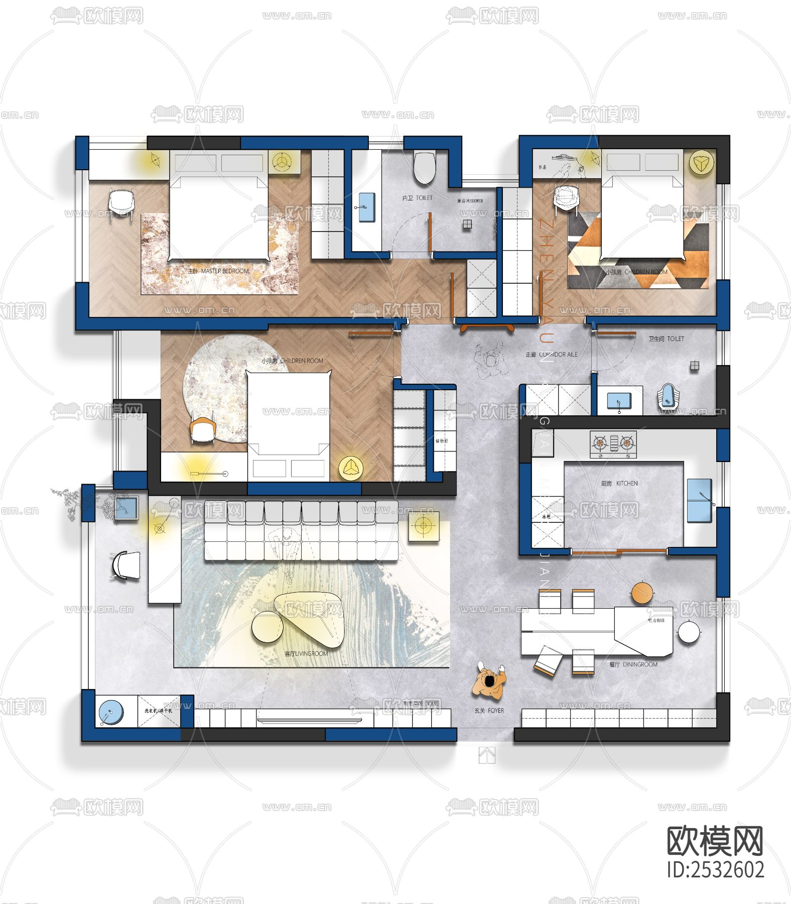 平面设计CAD施工图下载（渲染图3）
