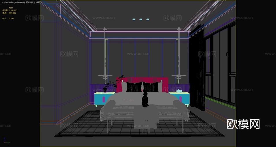 新中式臥室床品床踏床頭柜吊燈擺件新中式窗簾地毯山水畫3d模型下載(渲染圖4)