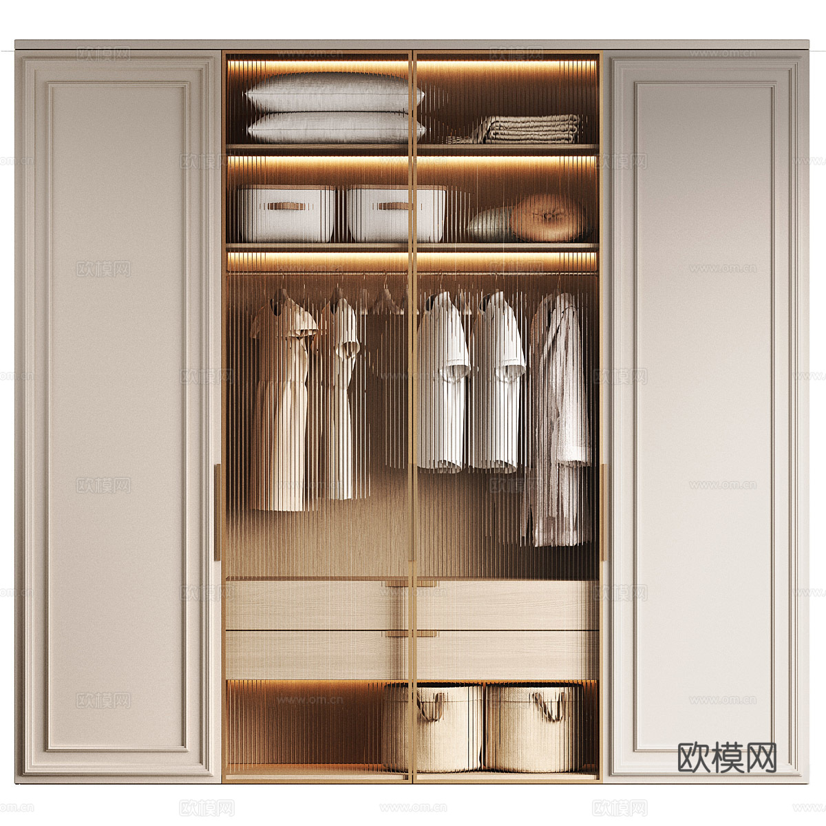 现代轻奢开门衣柜 玻璃衣柜3d模型下载（渲染图1）