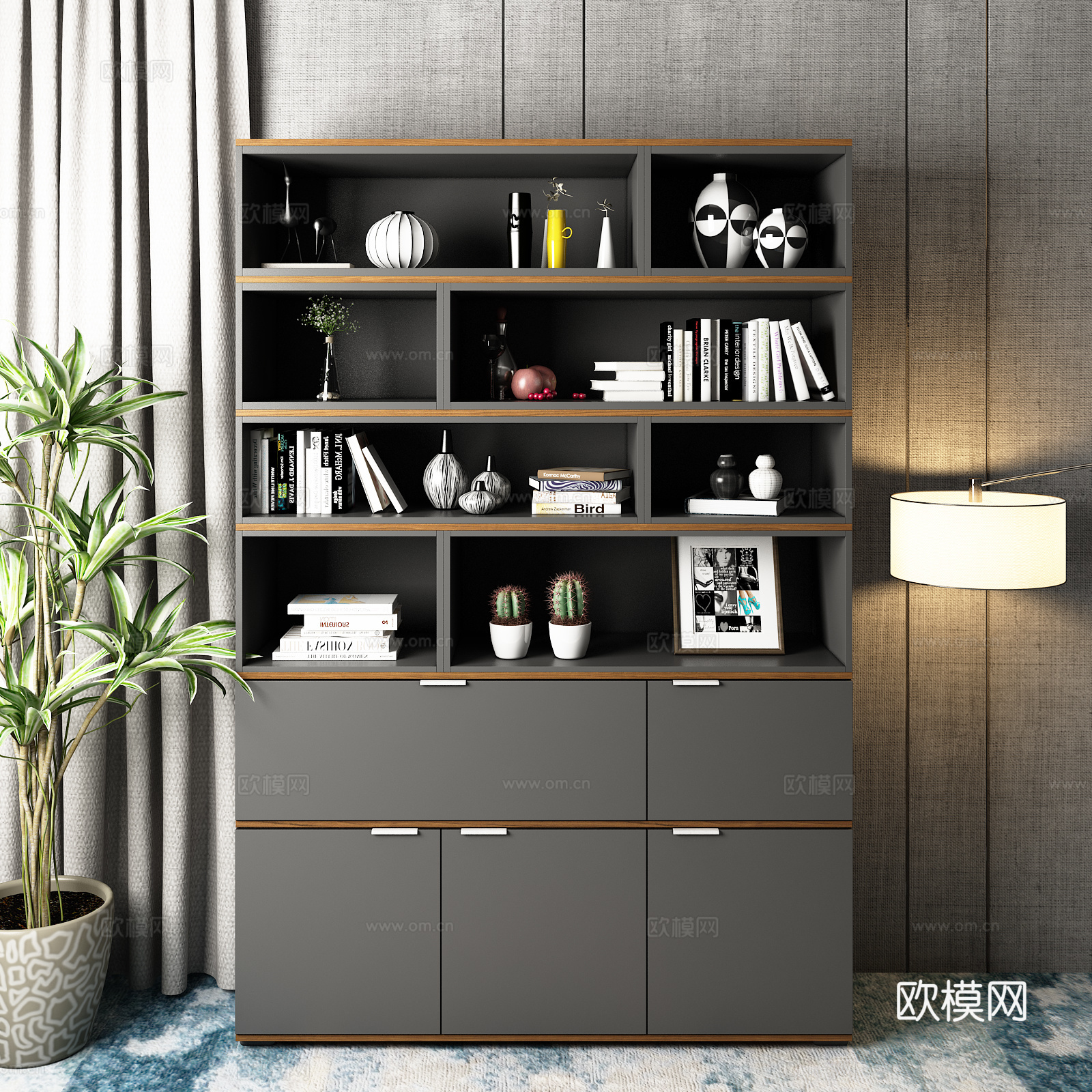 现代木色灰色套色书柜 饰品摆件 绿植 灯具模型3d模型