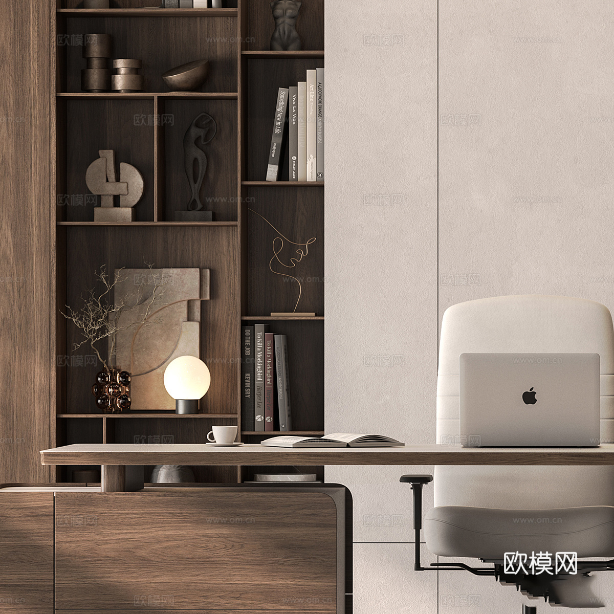 现代意式书房书柜 书桌椅 办公桌椅3d模型